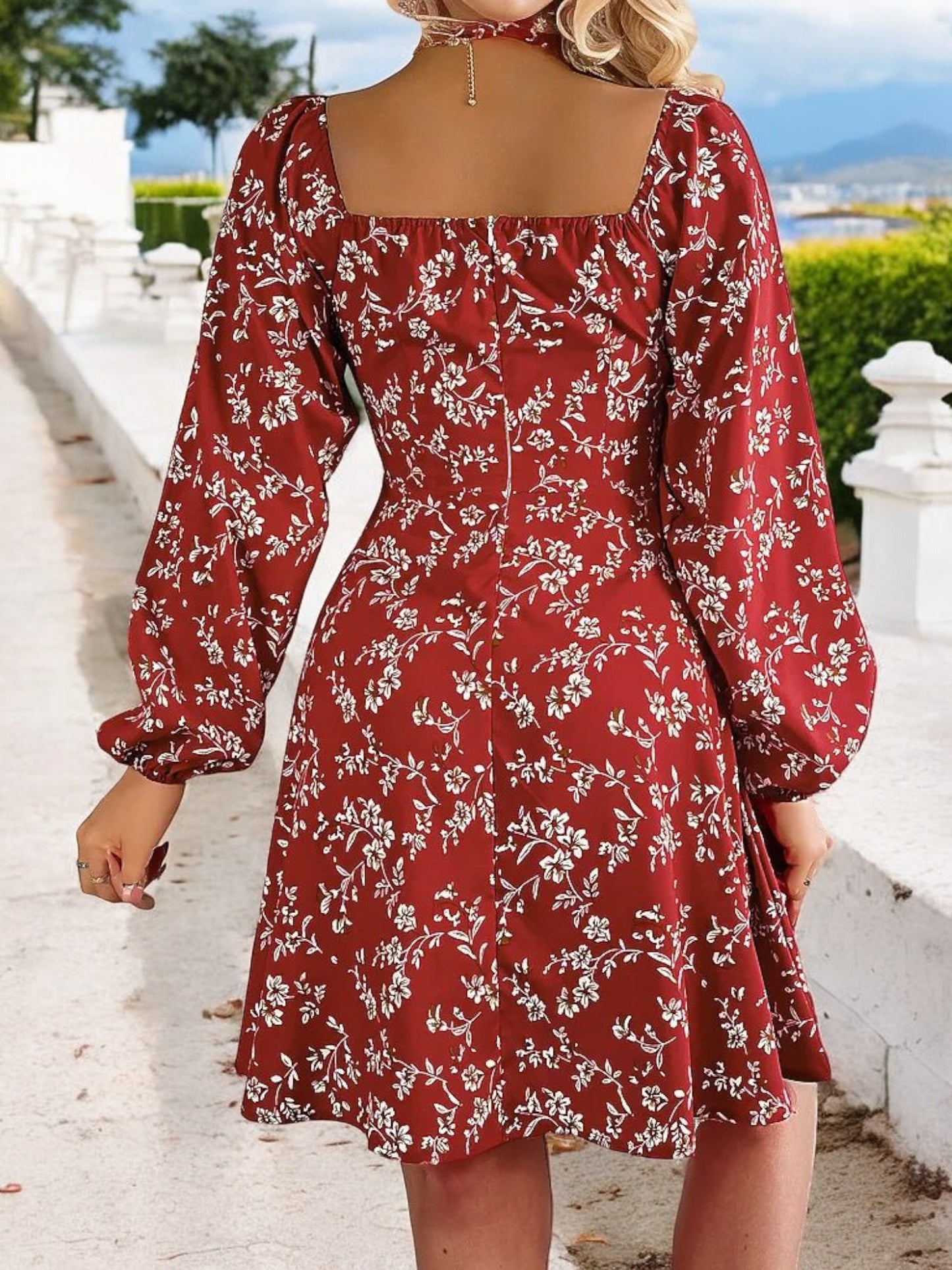Anna-Kaci Women's Floral Long Sleeve Dress with Sweetheart Neckline and Tie Detail