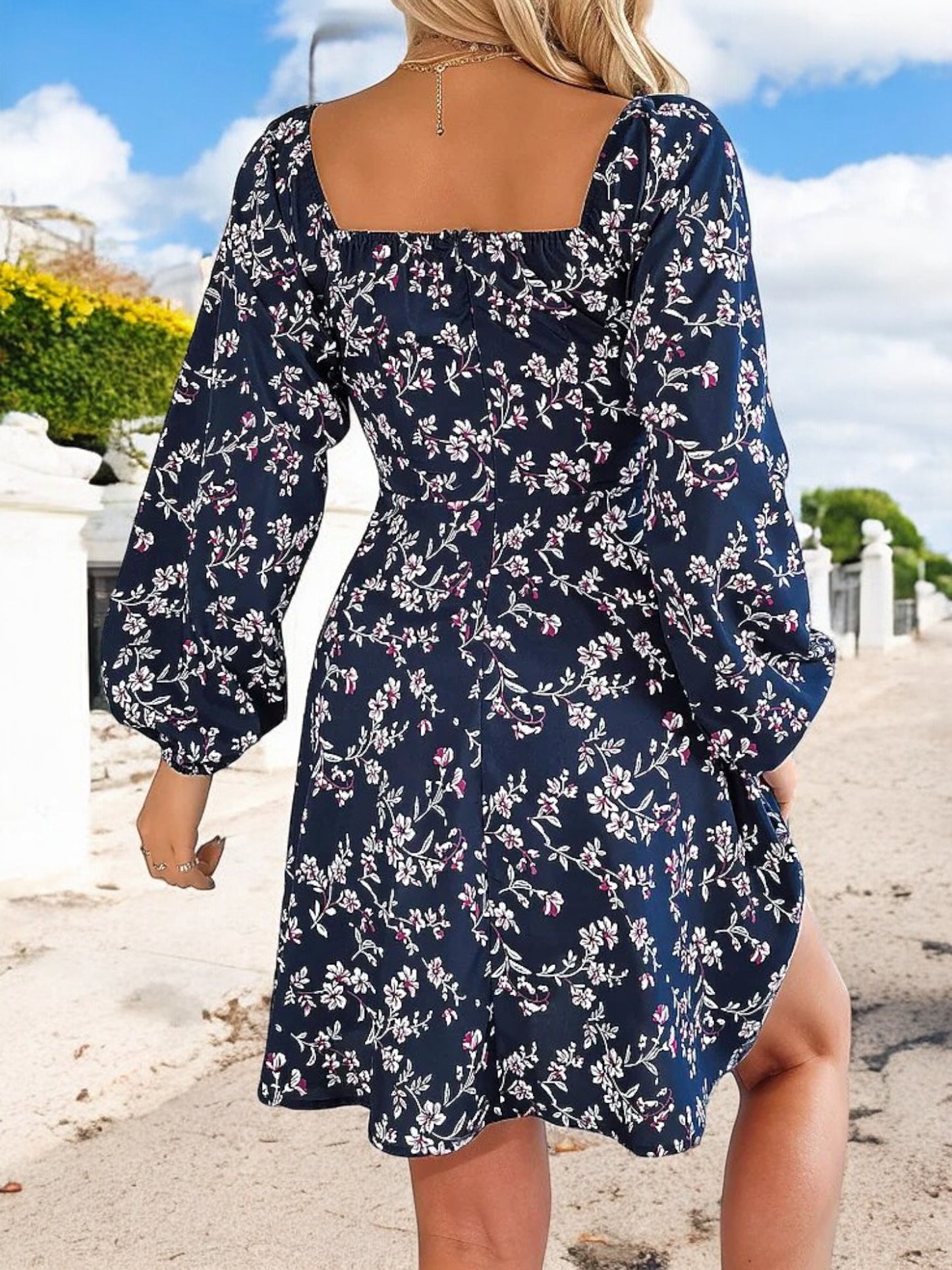 Anna-Kaci Women's Floral Long Sleeve Dress with Sweetheart Neckline and Tie Detail