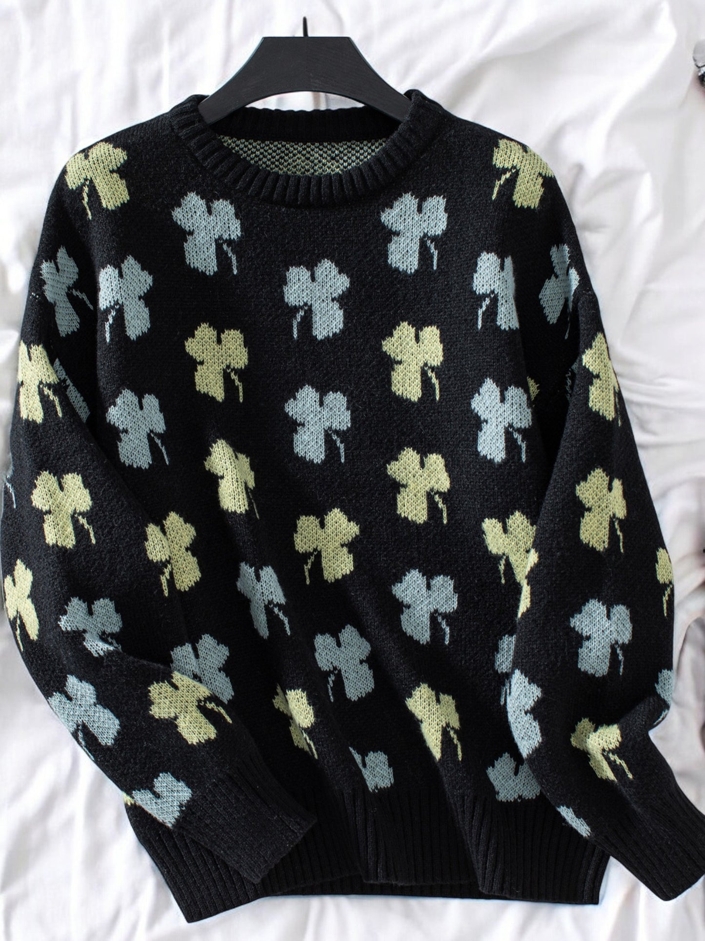 Anna-Kaci Women's Clover Print Crew Neck Sweater with Ribbed Cuffs and Hem