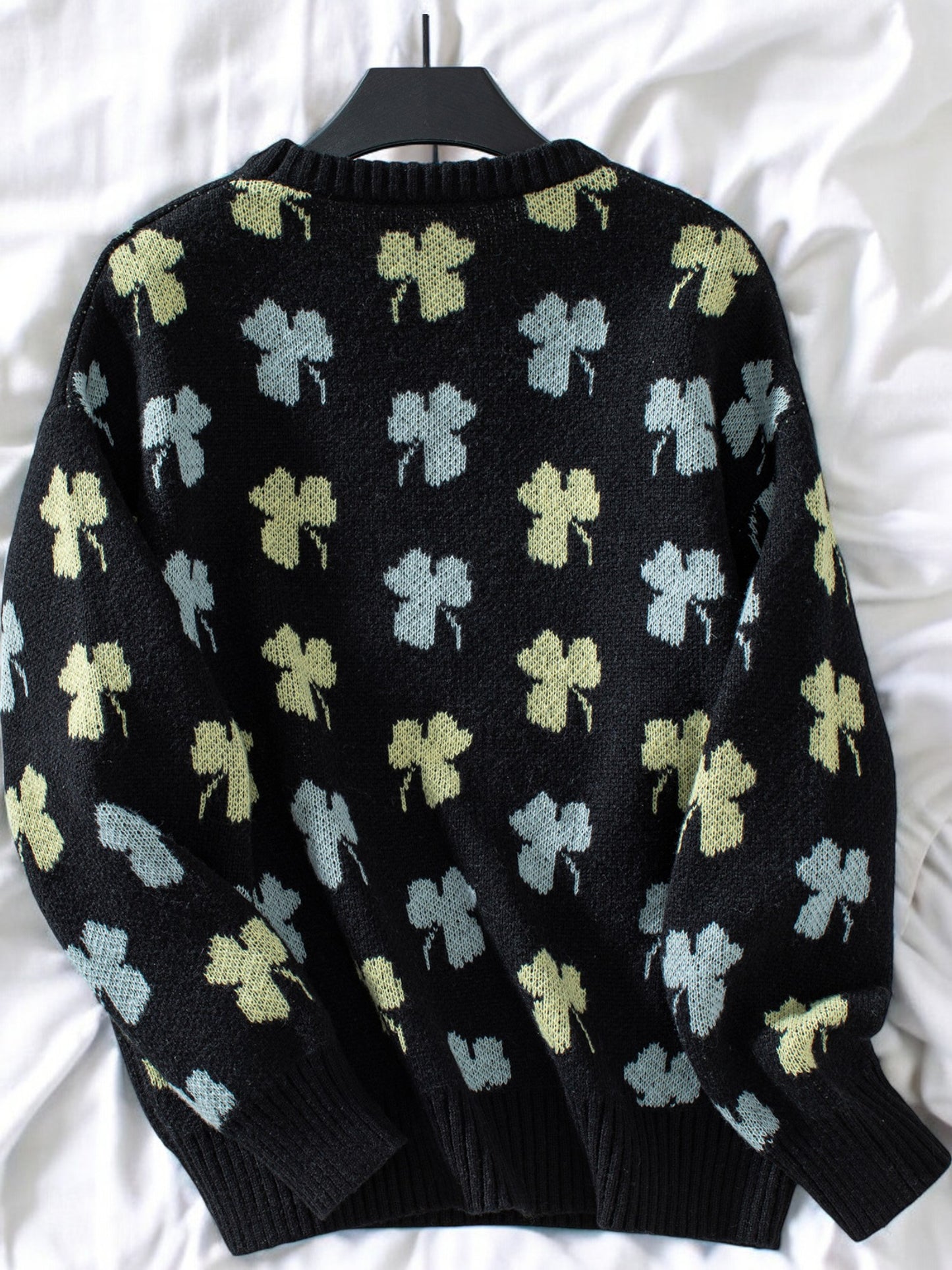 Anna-Kaci Women's Clover Print Crew Neck Sweater with Ribbed Cuffs and Hem