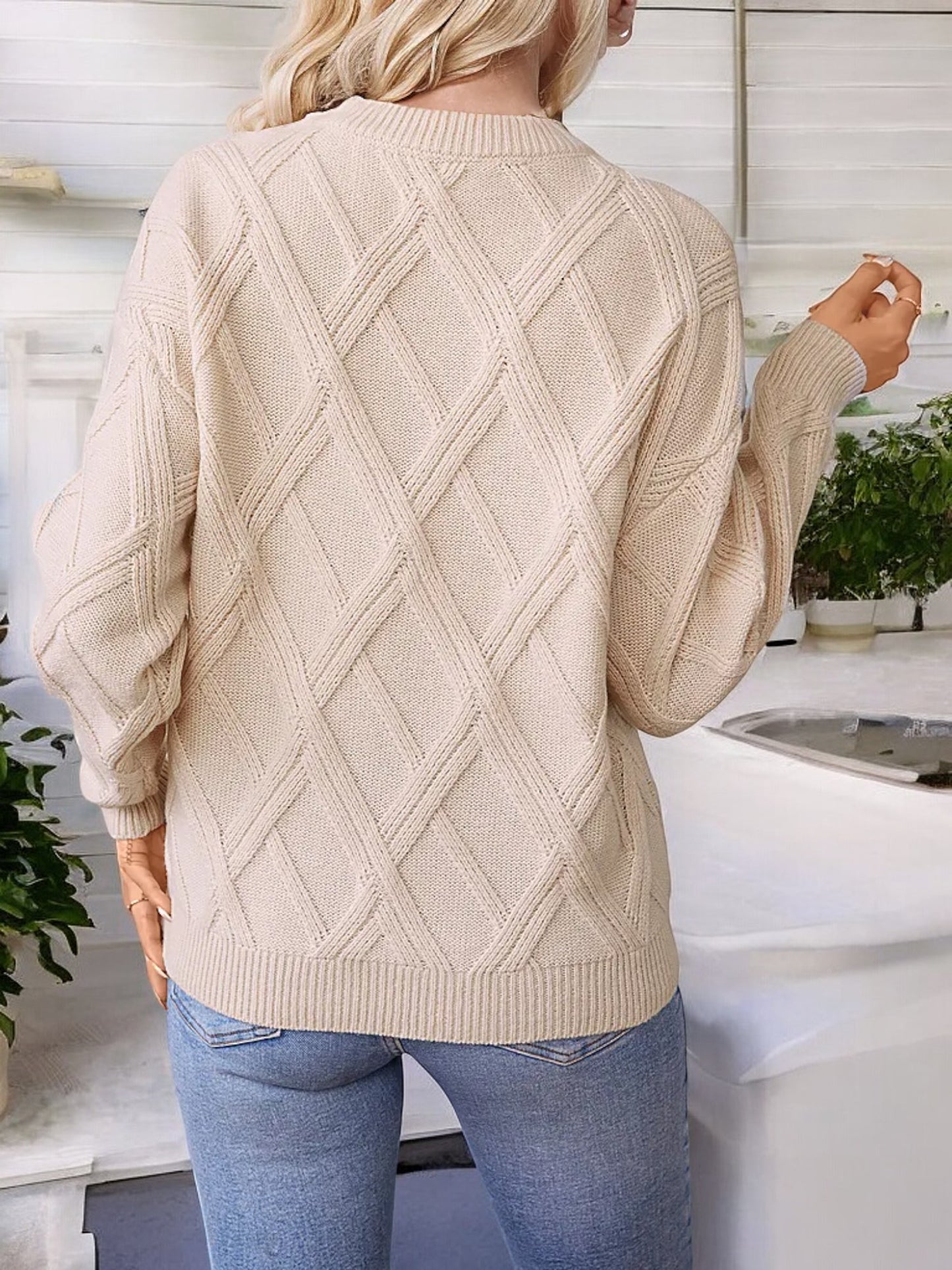Anna-Kaci Women's Diamond Knit Pattern Sweater with Long Sleeves and Ribbed Cuffs