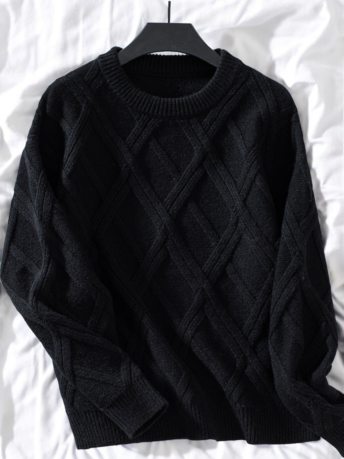 Anna-Kaci Women's Diamond Knit Pattern Sweater with Long Sleeves and Ribbed Cuffs