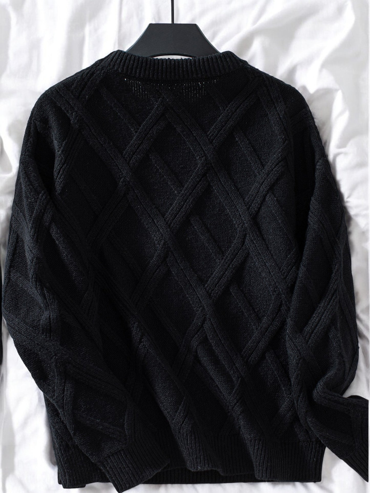 Anna-Kaci Women's Diamond Knit Pattern Sweater with Long Sleeves and Ribbed Cuffs