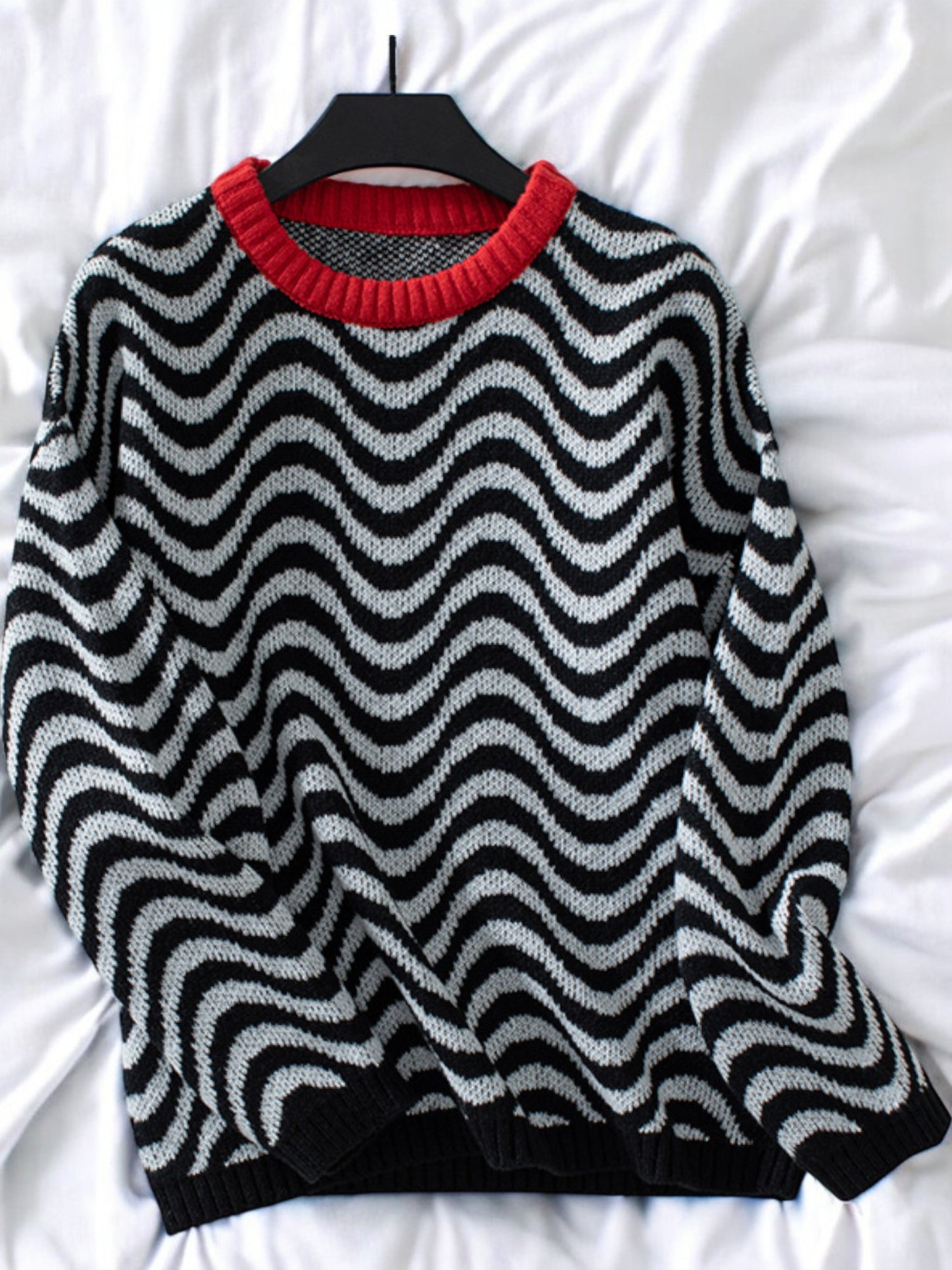 Anna-Kaci Women's Crew Neck Knit Sweater with Wavy Striped Pattern and Relaxed Fit
