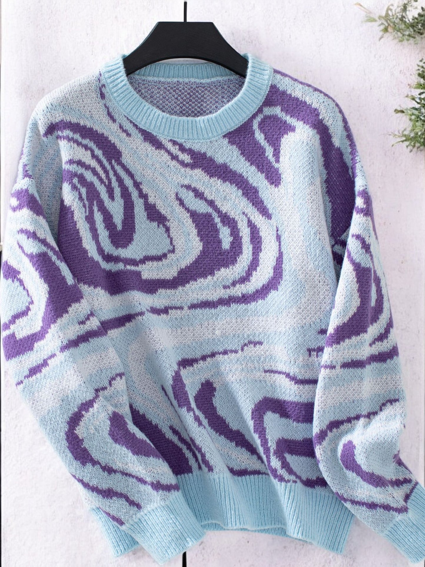 Anna-Kaci Women's Abstract Wave Pattern Knit Sweater with Crew Neck