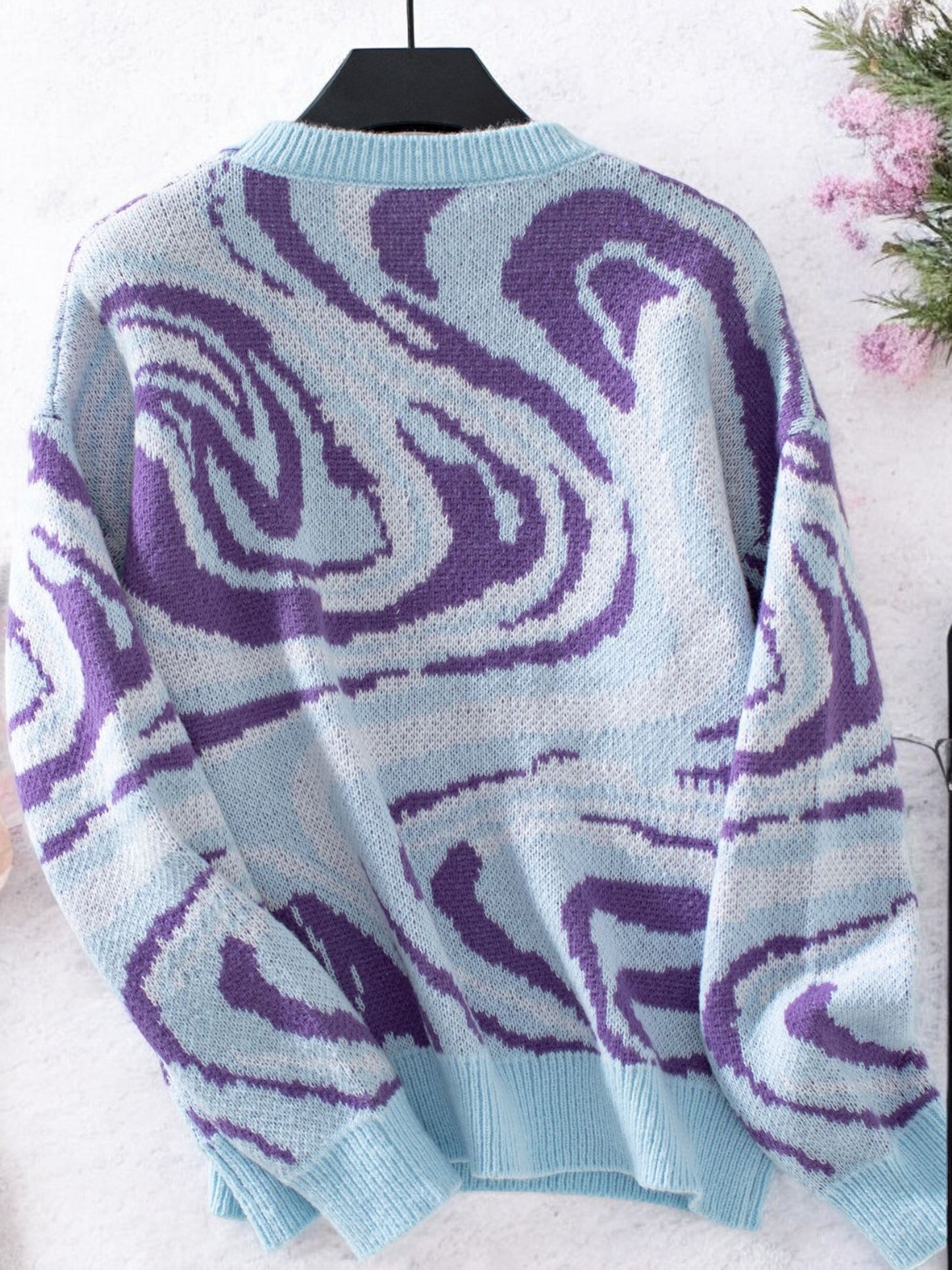 Anna-Kaci Women's Abstract Wave Pattern Knit Sweater with Crew Neck