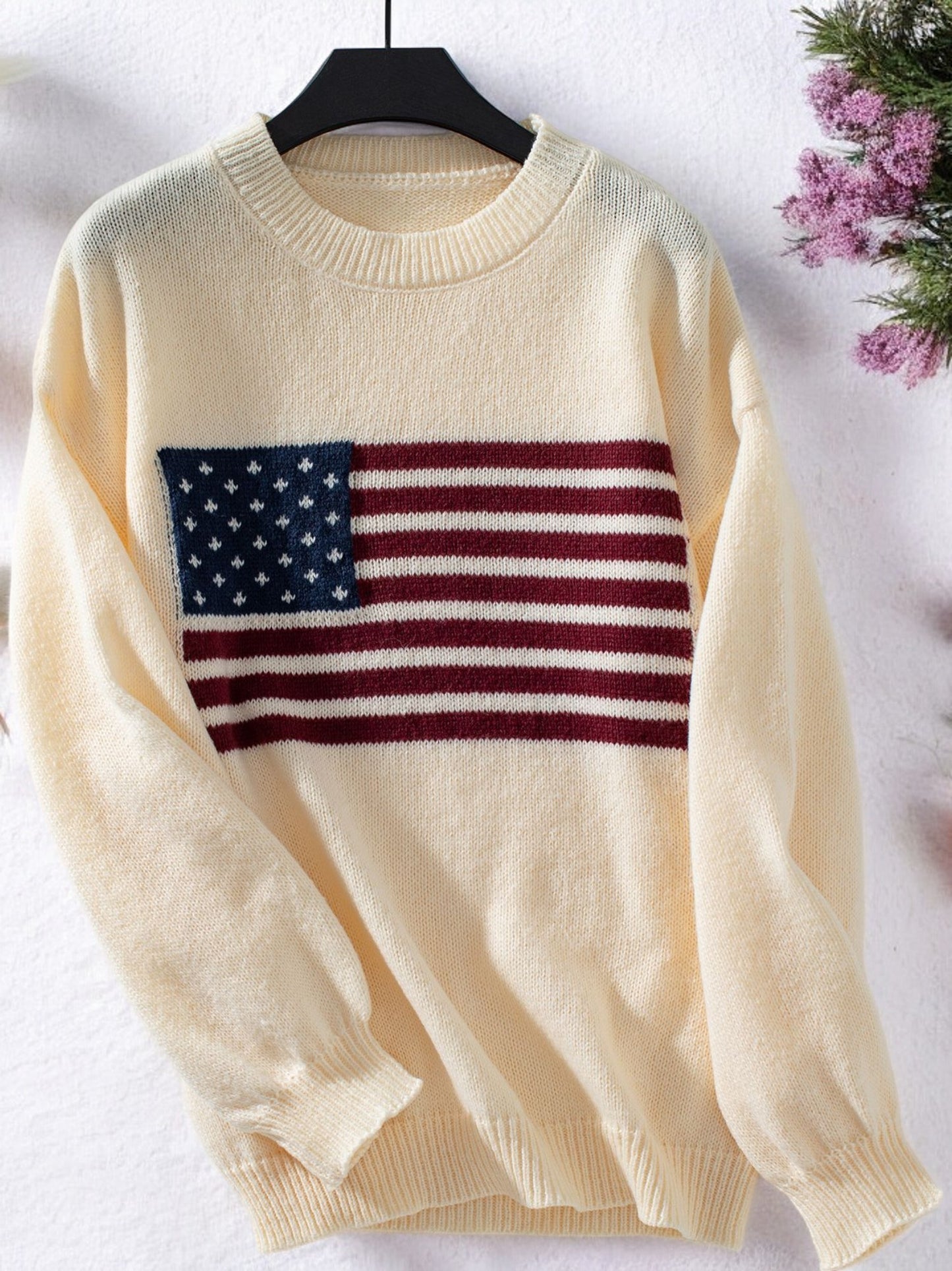 Anna-Kaci Women's American Flag Knit Sweater with Crew Neck and Long Sleeves
