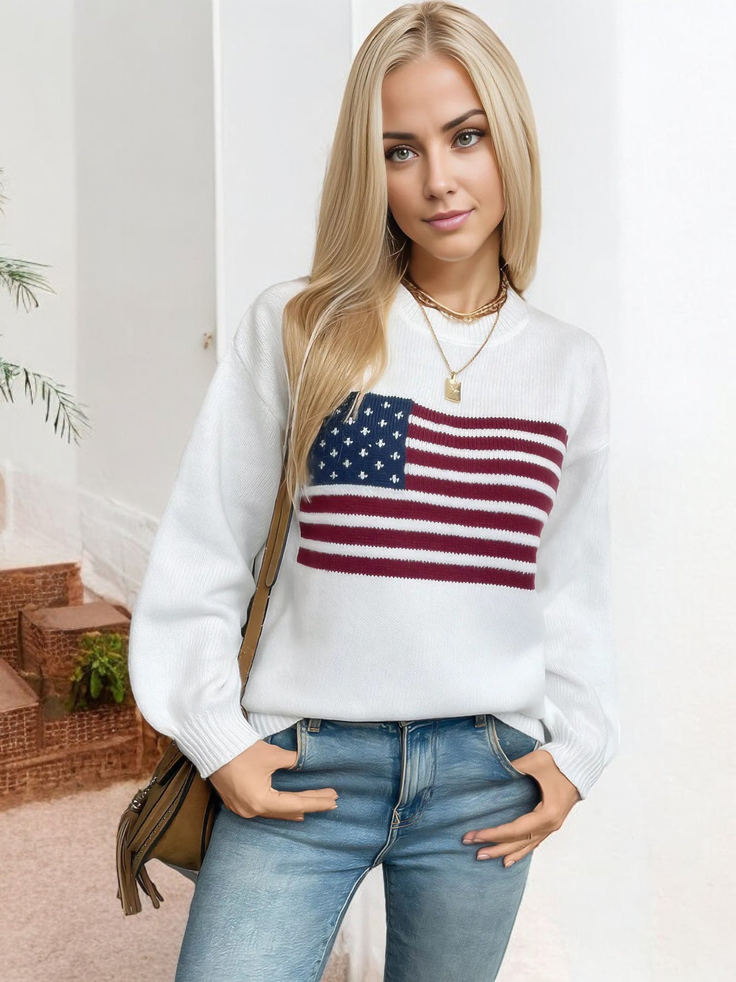 Anna-Kaci Women's American Flag Knit Sweater with Crew Neck and Long Sleeves