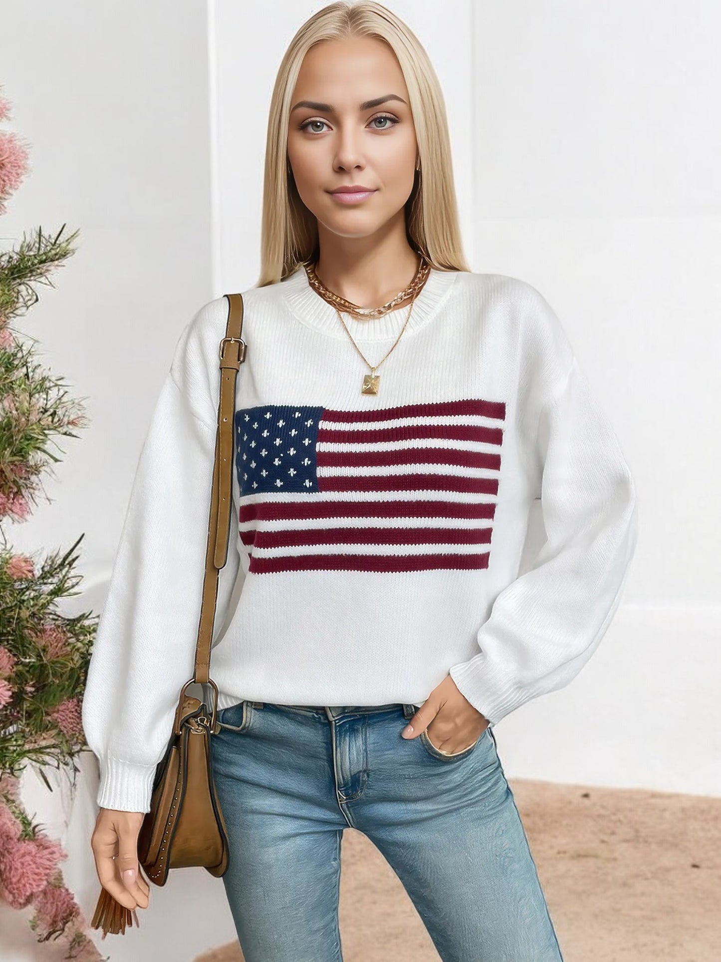 Anna-Kaci Women's American Flag Knit Sweater with Crew Neck and Long Sleeves