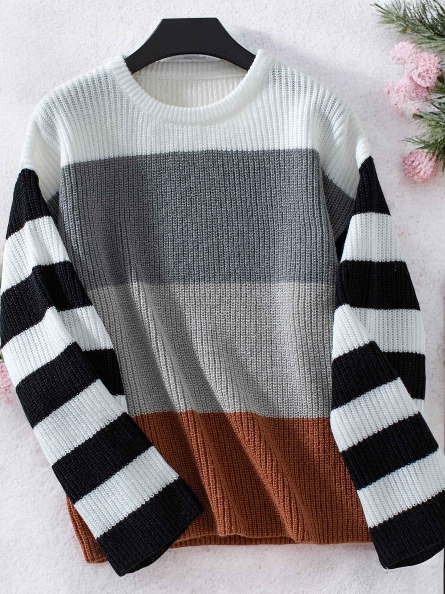 Anna-Kaci Women's Color Block Striped Knit Sweater with Crew Neck and Long Sleeves