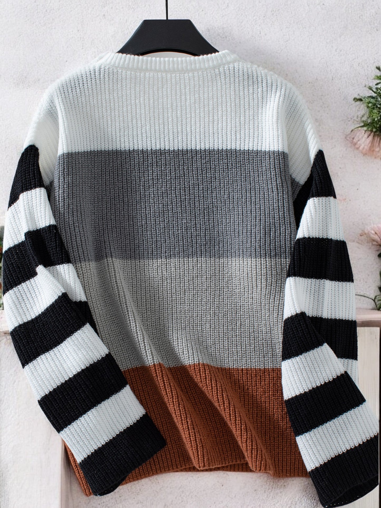 Anna-Kaci Women's Color Block Striped Knit Sweater with Crew Neck and Long Sleeves