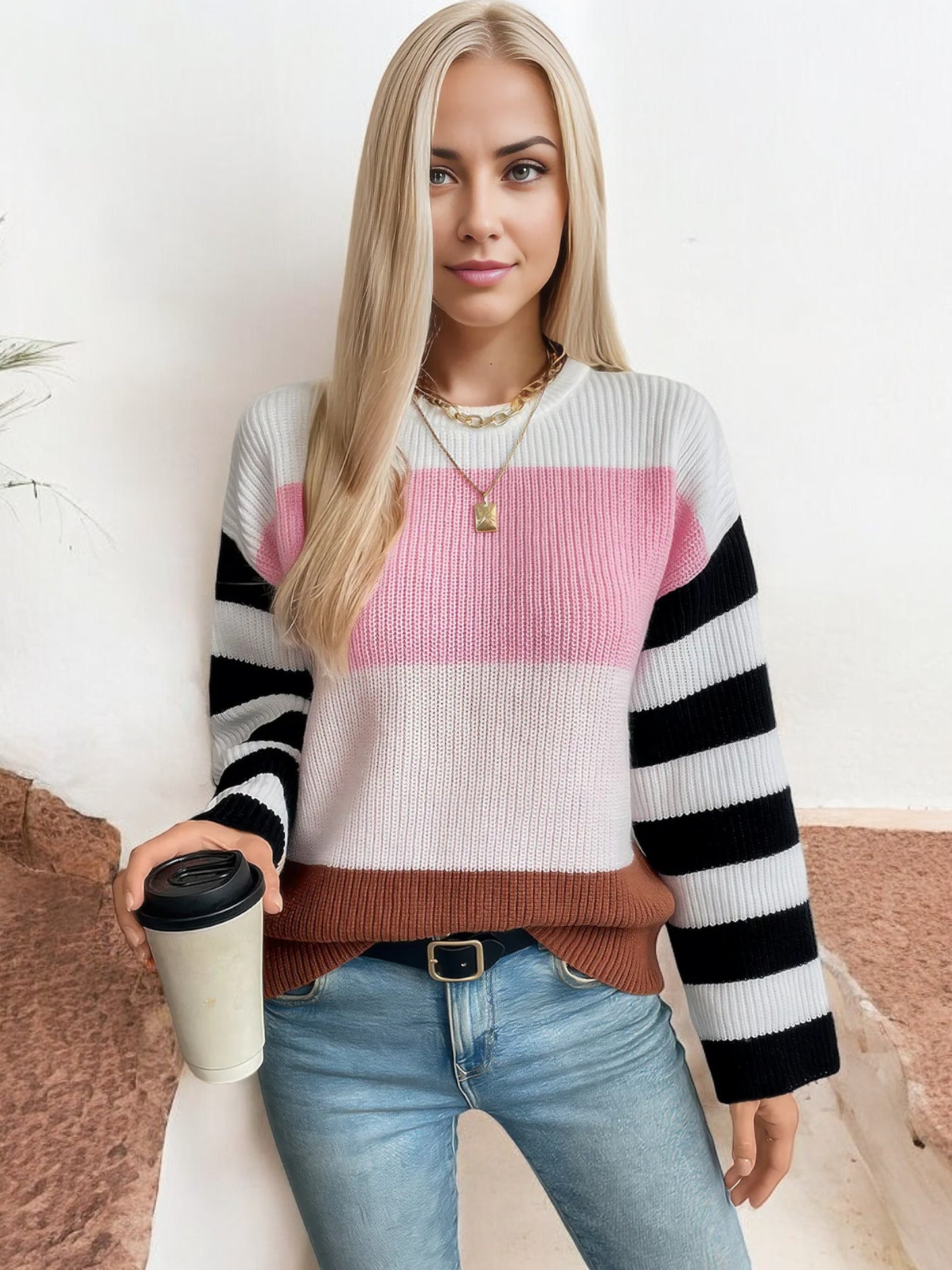 Anna-Kaci Women's Color Block Striped Knit Sweater with Crew Neck and Long Sleeves