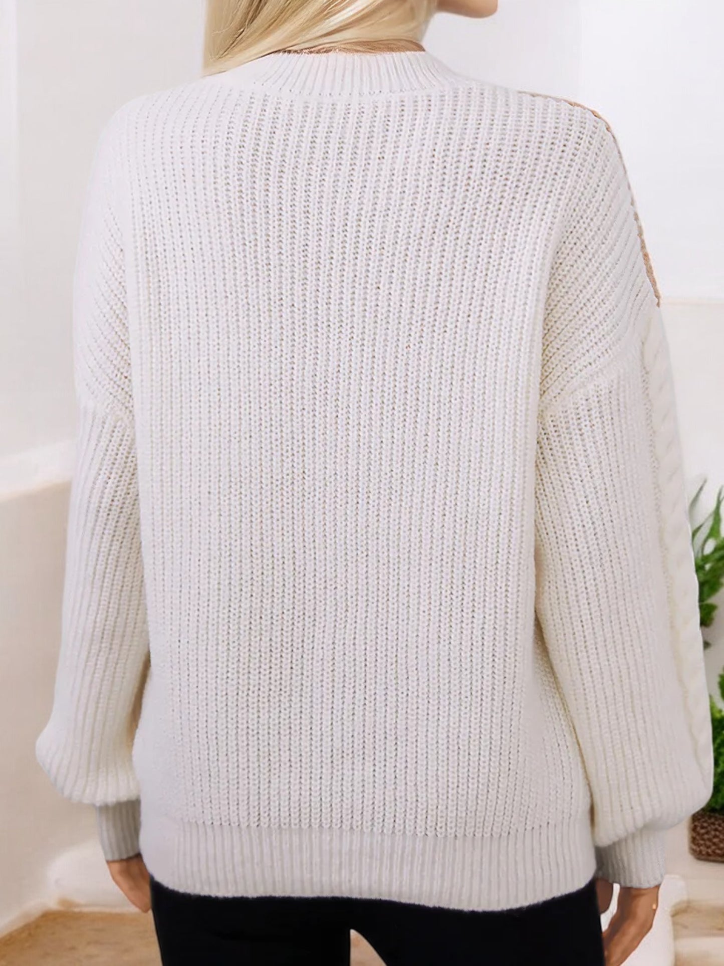 Anna-Kaci Women's Color Block Cable Knit Sweater with Textured Sleeves and Crew Neck