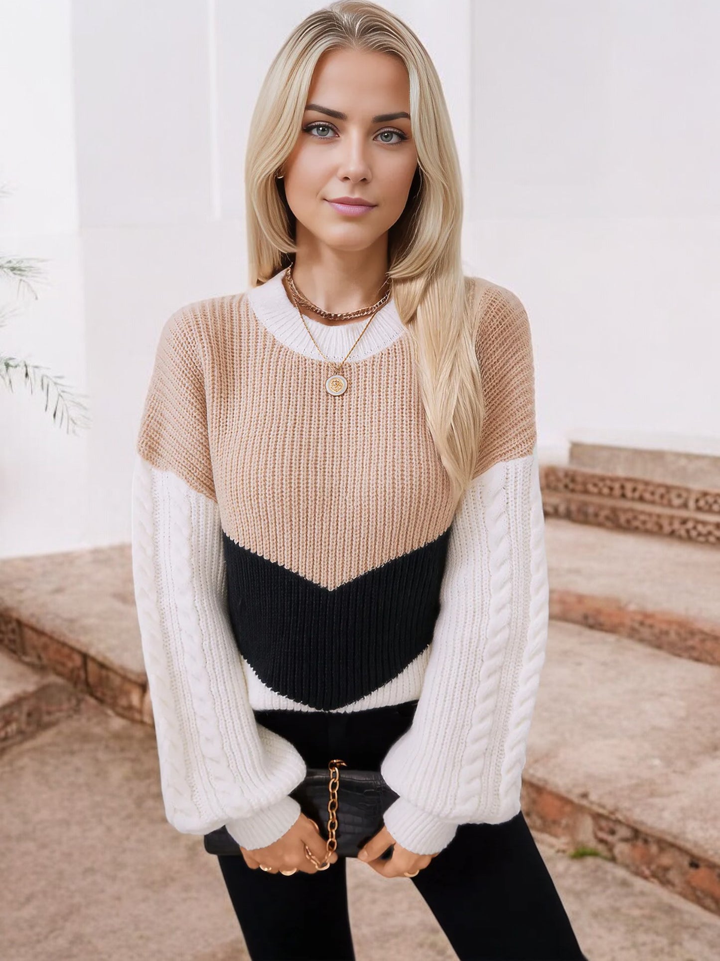 Anna-Kaci Women's Color Block Cable Knit Sweater with Textured Sleeves and Crew Neck
