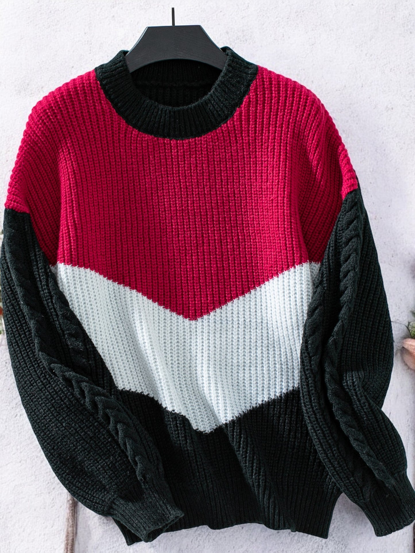 Anna-Kaci Women's Color Block Cable Knit Sweater with Textured Sleeves and Crew Neck
