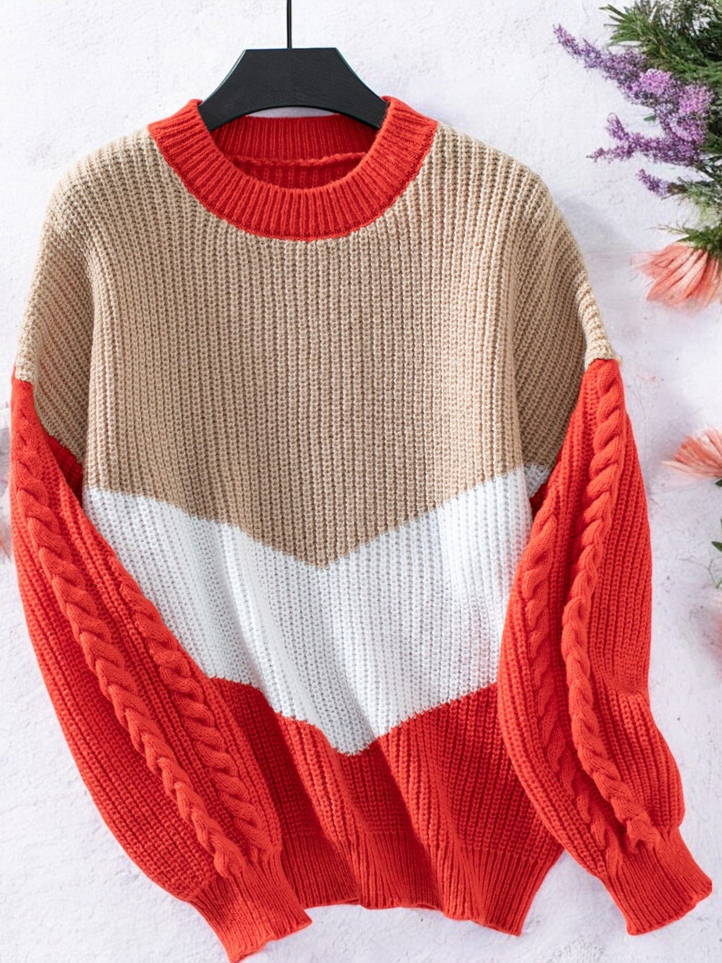 Anna-Kaci Women's Color Block Cable Knit Sweater with Textured Sleeves and Crew Neck