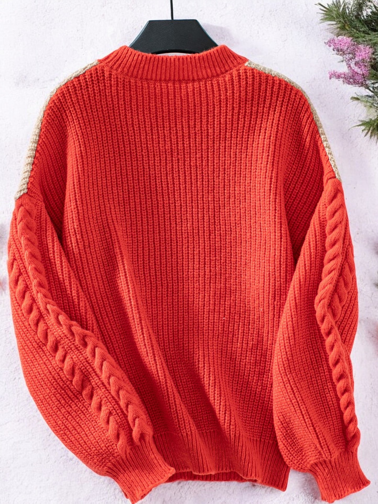 Anna-Kaci Women's Color Block Cable Knit Sweater with Textured Sleeves and Crew Neck