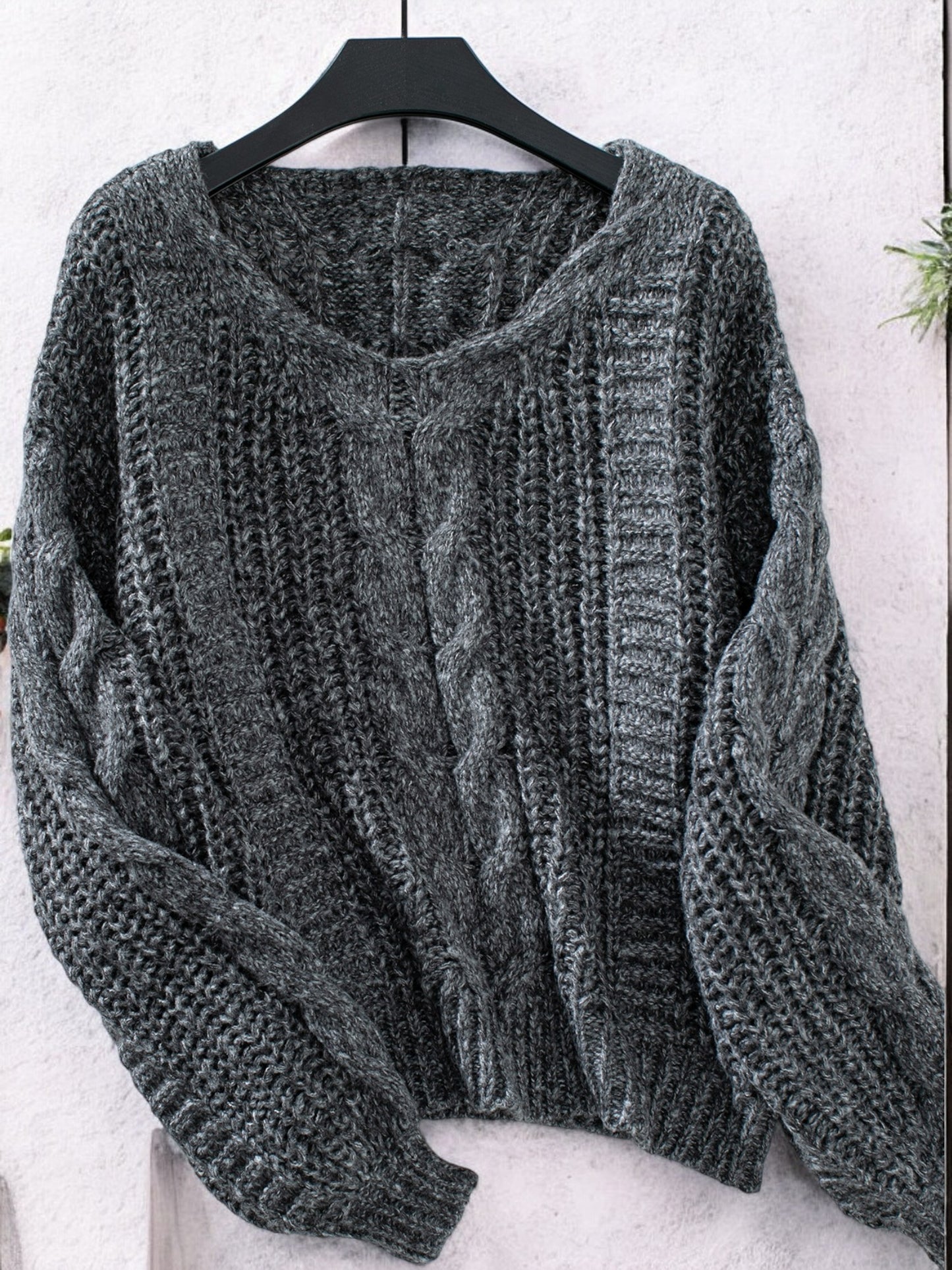 Anna-Kaci Women's Cable Knit V-Neck Sweater with Balloon Sleeves