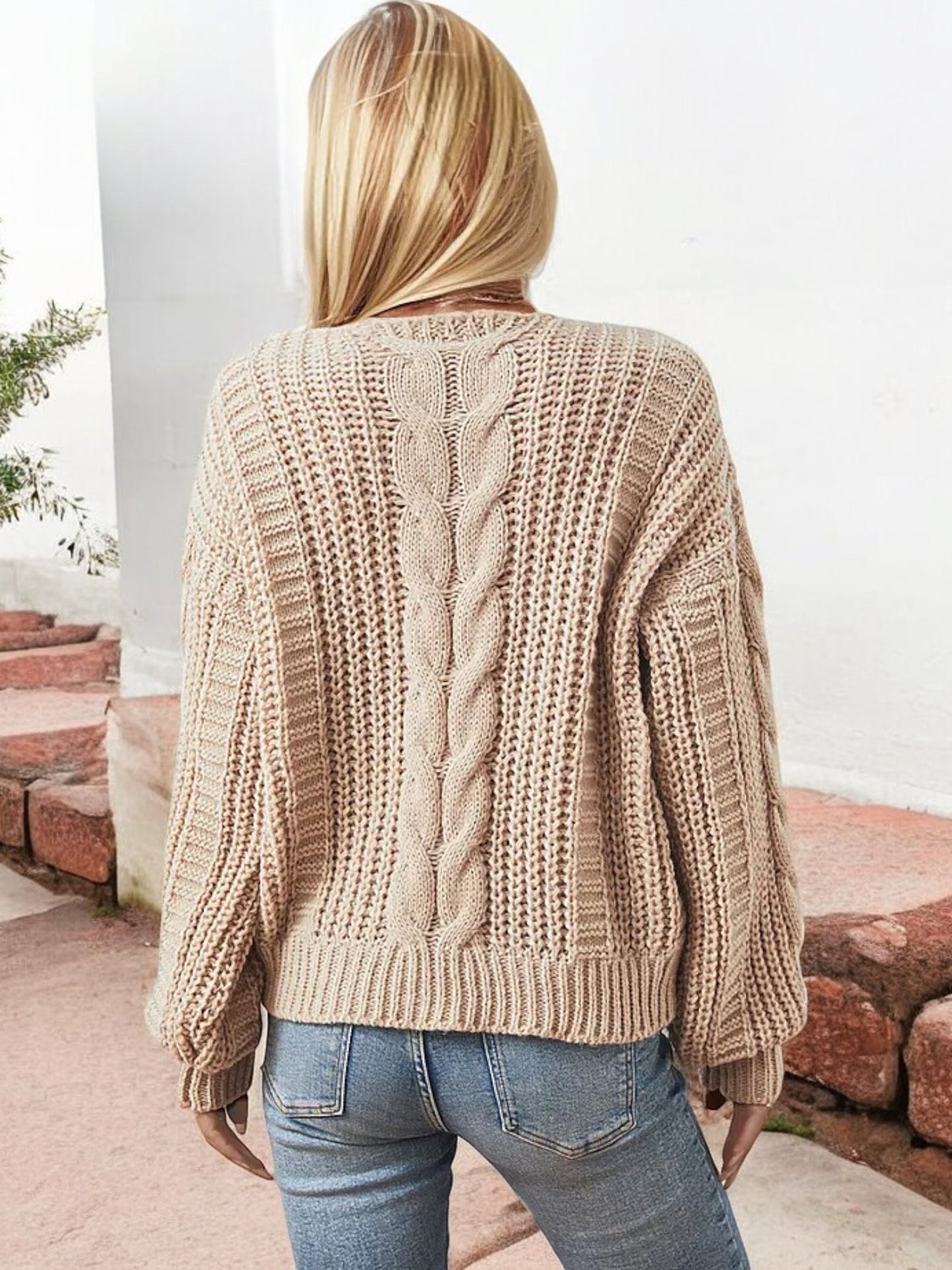 Anna-Kaci Women's Cable Knit V-Neck Sweater with Balloon Sleeves
