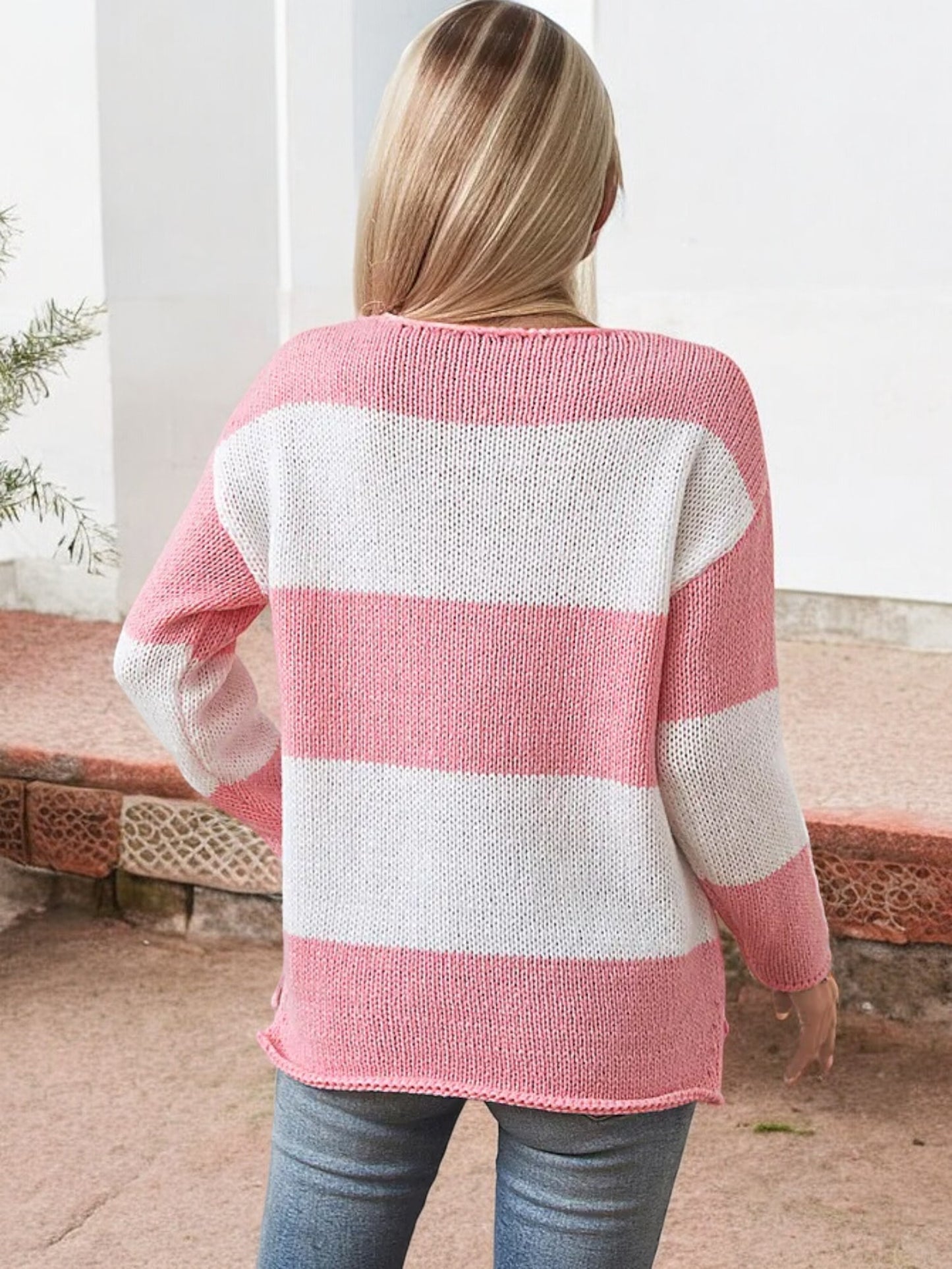 Anna-Kaci Women's V-Neck Striped Knit Sweater with Off-Shoulder Style