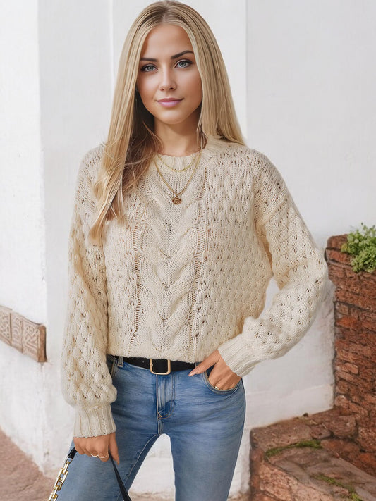 Anna-Kaci Women's Loose Knit Sweater with Cable Knit Design and Ribbed Cuffs