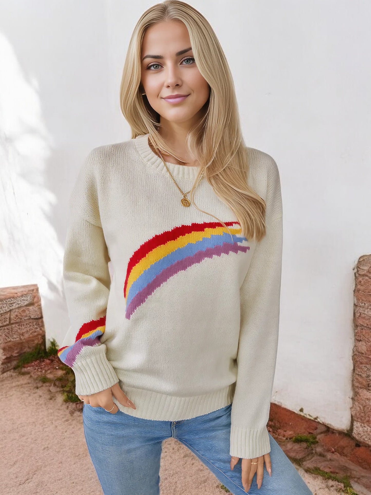 Anna-Kaci Women's Rainbow Stripe Knit Sweater with Ribbed Cuffs and Hem