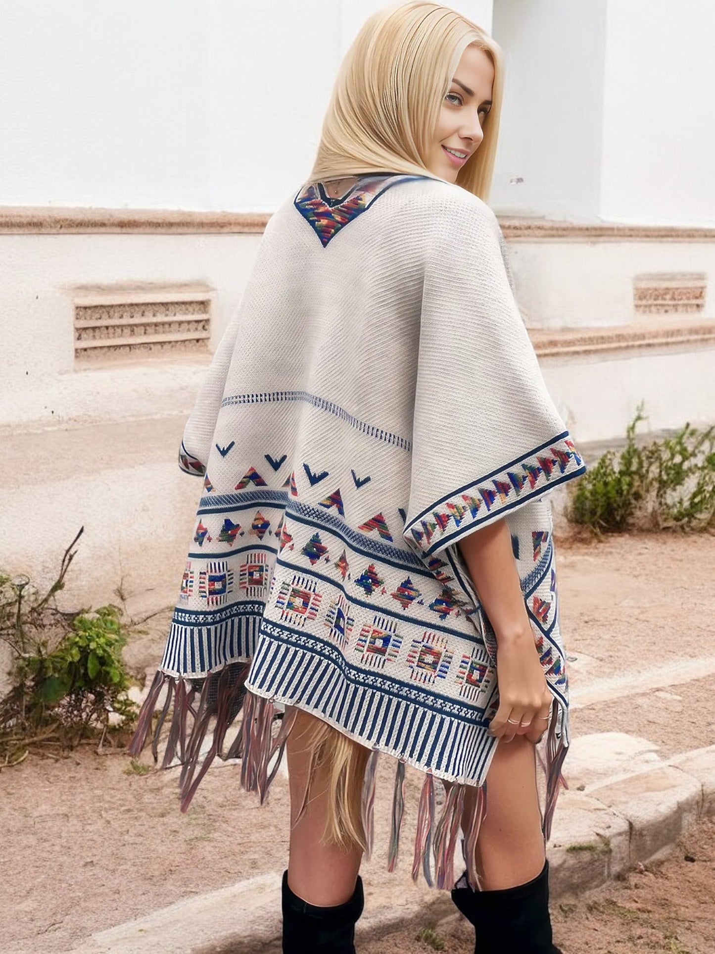 Anna-Kaci Women's Bohemian Knit Shawl with Tribal Print and Fringe Hem