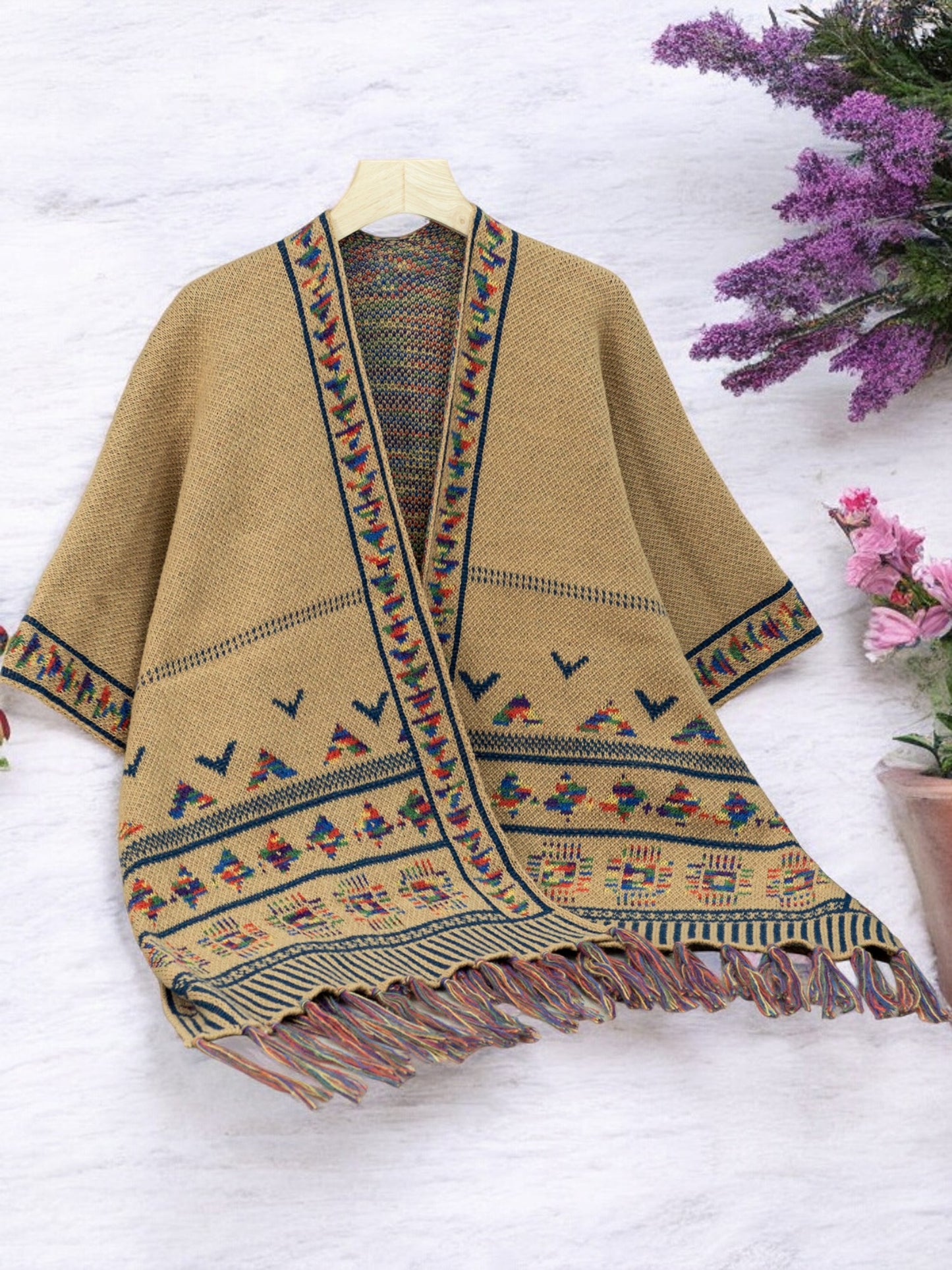 Anna-Kaci Women's Bohemian Knit Shawl with Tribal Print and Fringe Hem