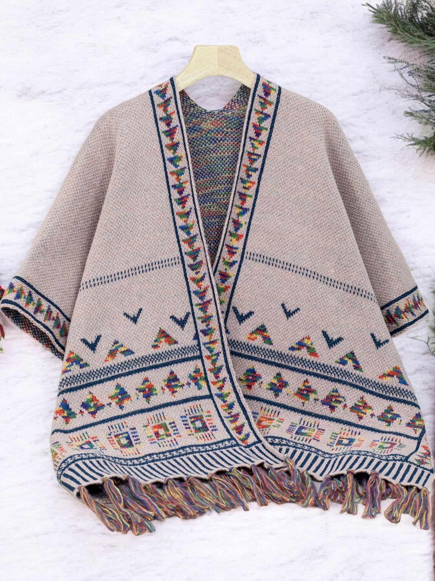 Anna-Kaci Women's Bohemian Knit Shawl with Tribal Print and Fringe Hem