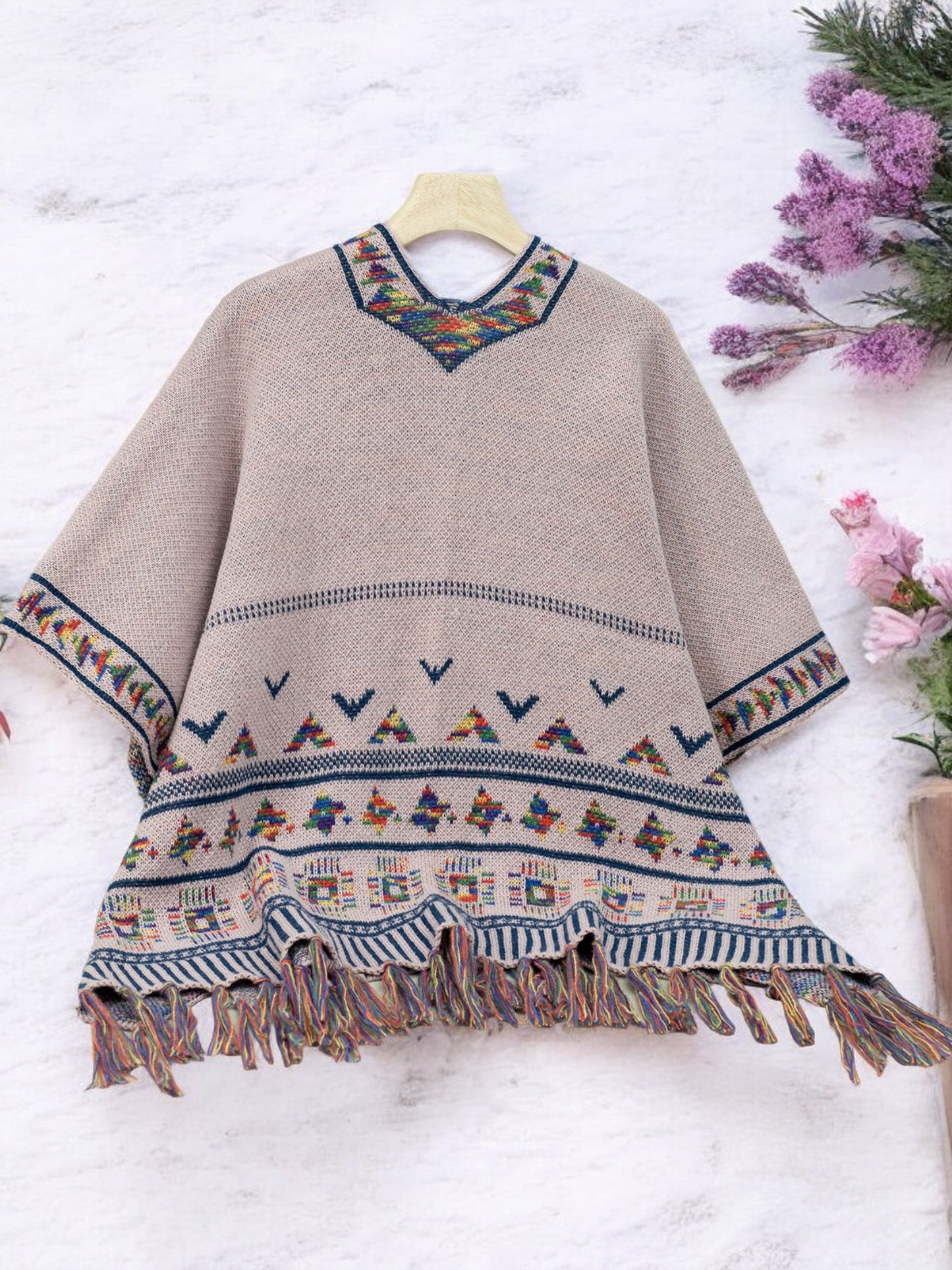 Anna-Kaci Women's Bohemian Knit Shawl with Tribal Print and Fringe Hem