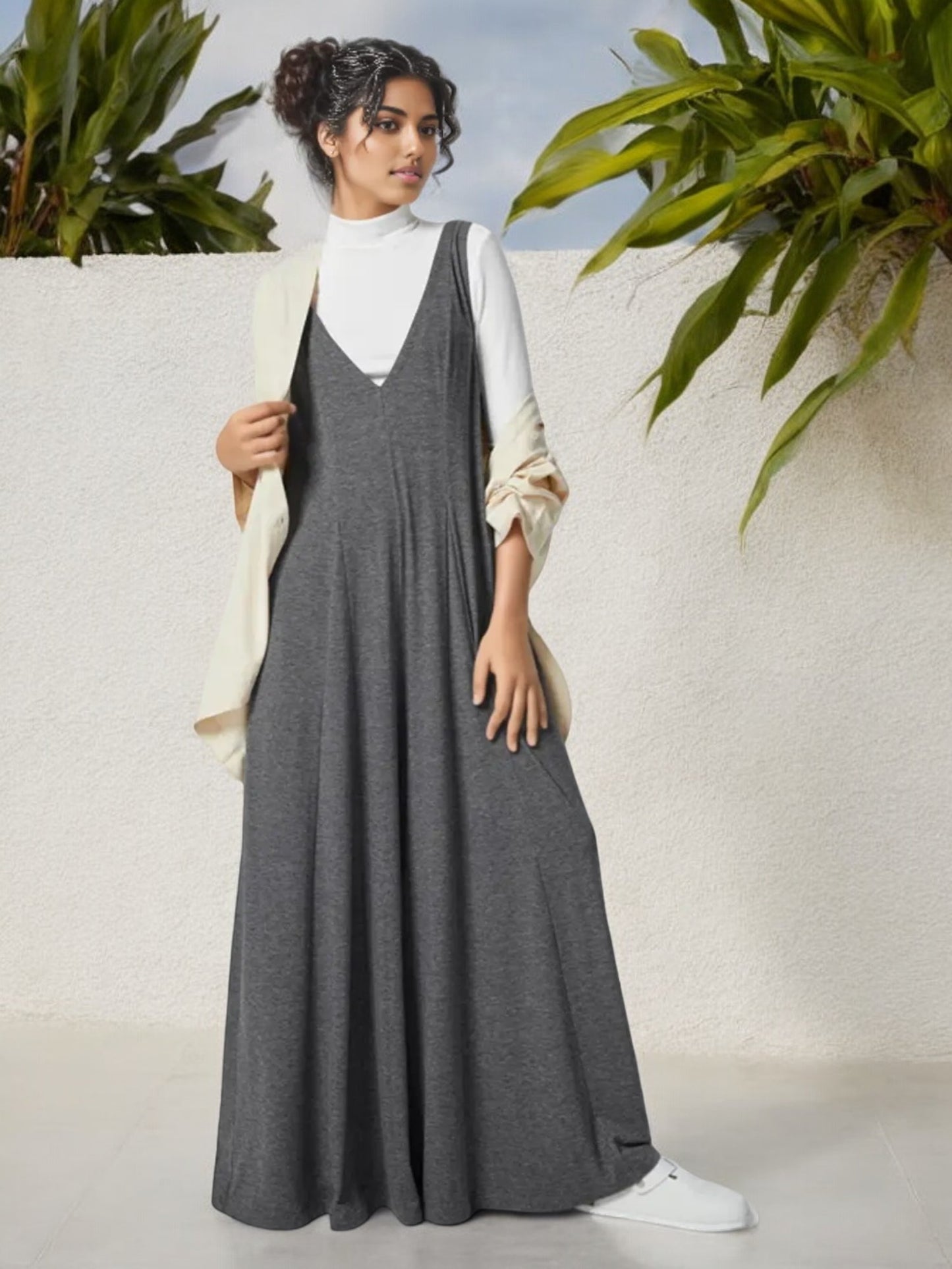 Anna-Kaci Women's V-Neck Wide Leg Jumpsuit with Side Pockets