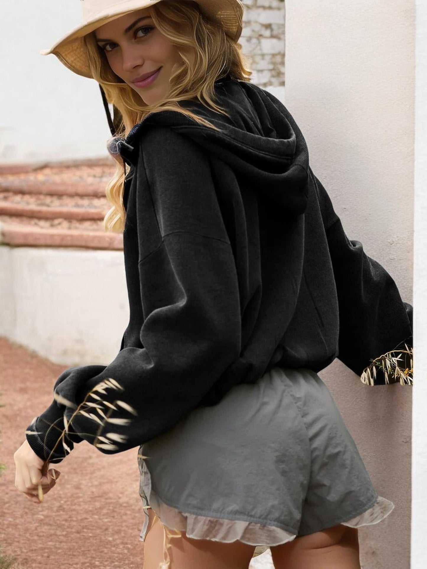 Half-Zip Pullover Hoodie with Funnel Neck and Kangaroo Pocket