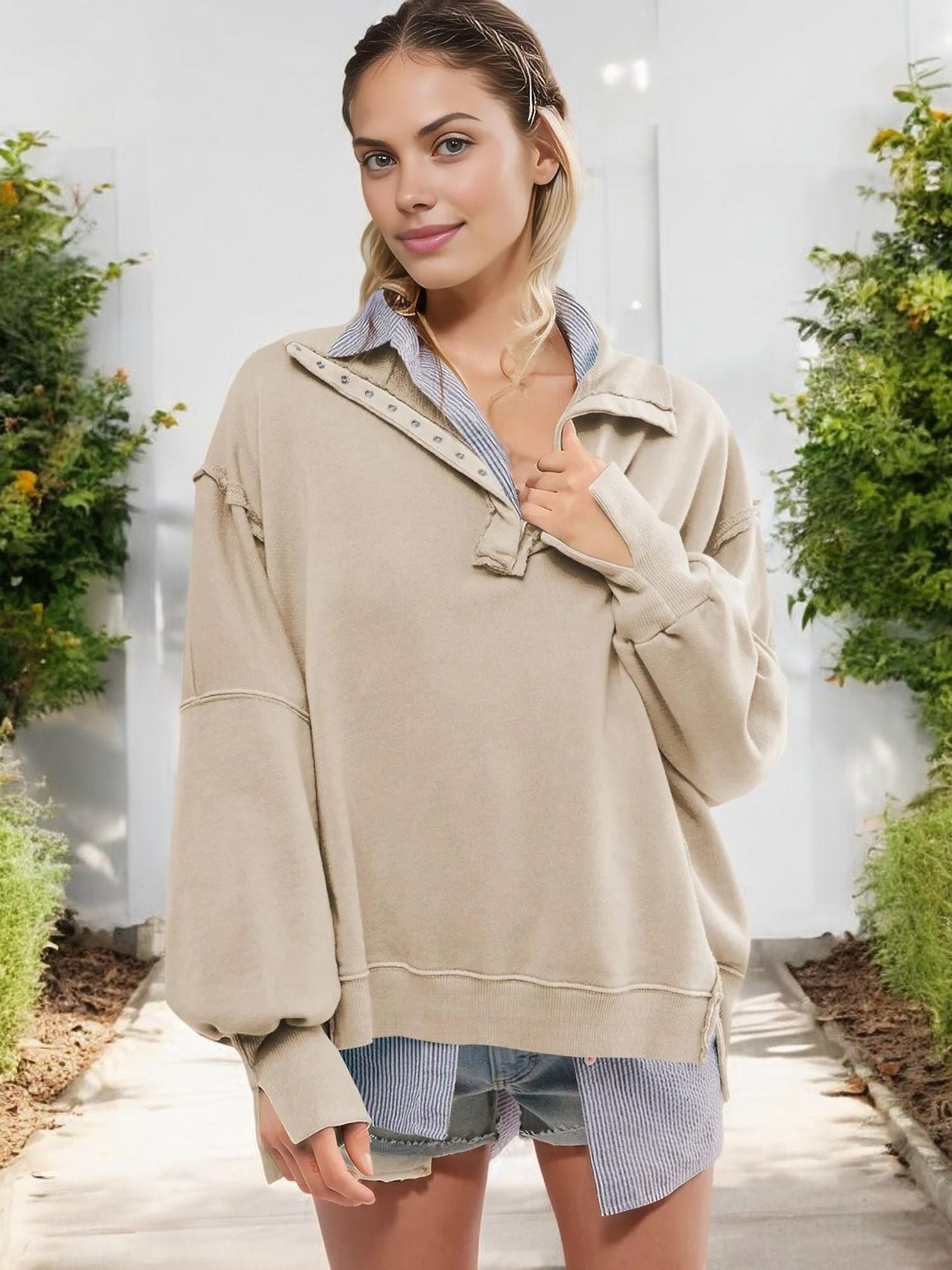 Oversized Button-Up Collar Sweatshirt with Raw Edge Hem and Drop Shoulders