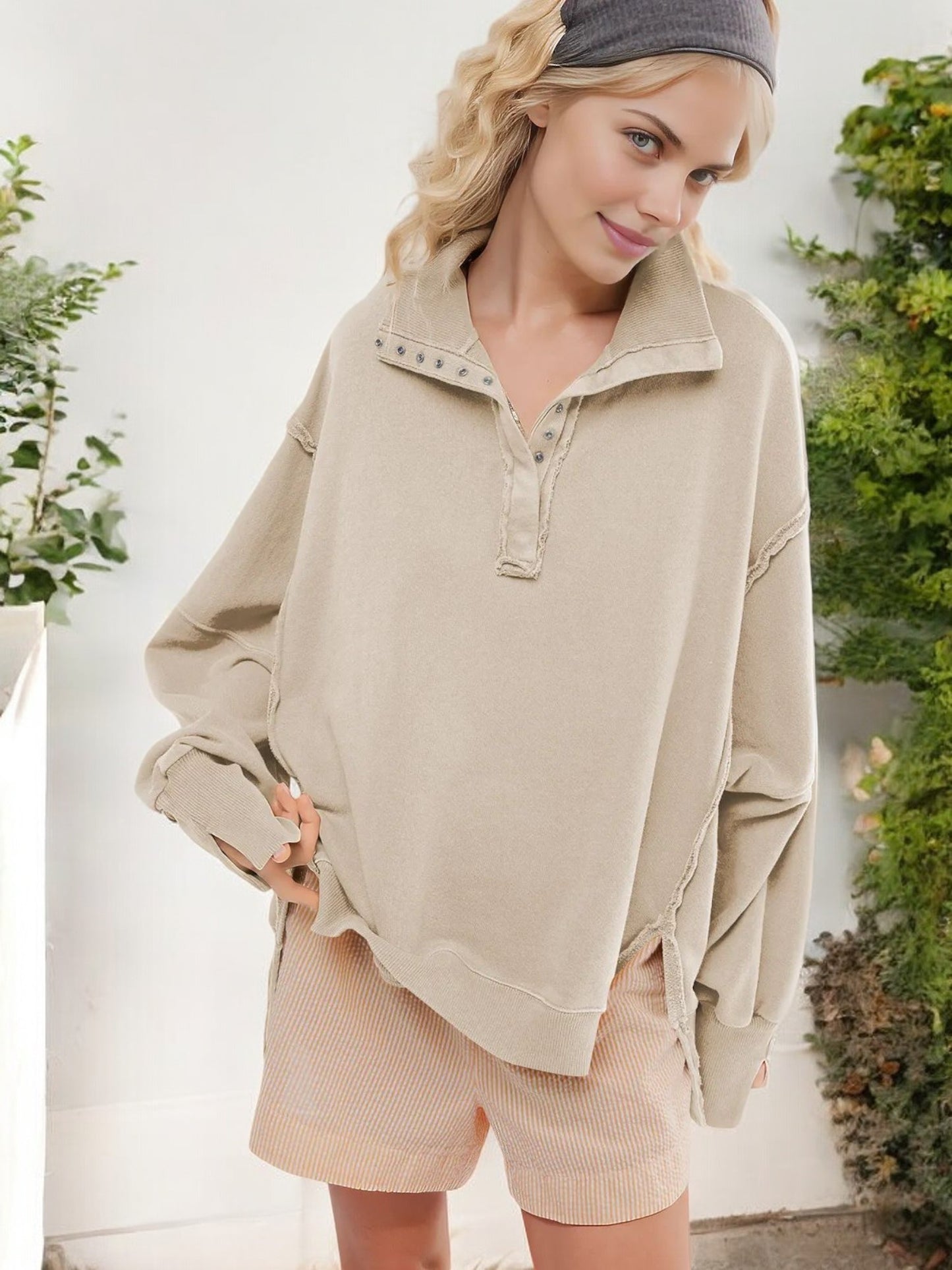 Oversized Button-Up Collar Sweatshirt with Raw Edge Hem and Drop Shoulders