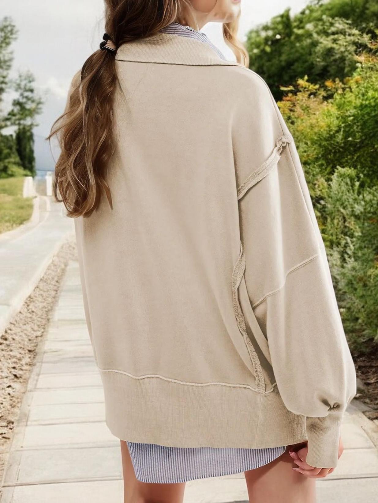 Oversized Button-Up Collar Sweatshirt with Raw Edge Hem and Drop Shoulders