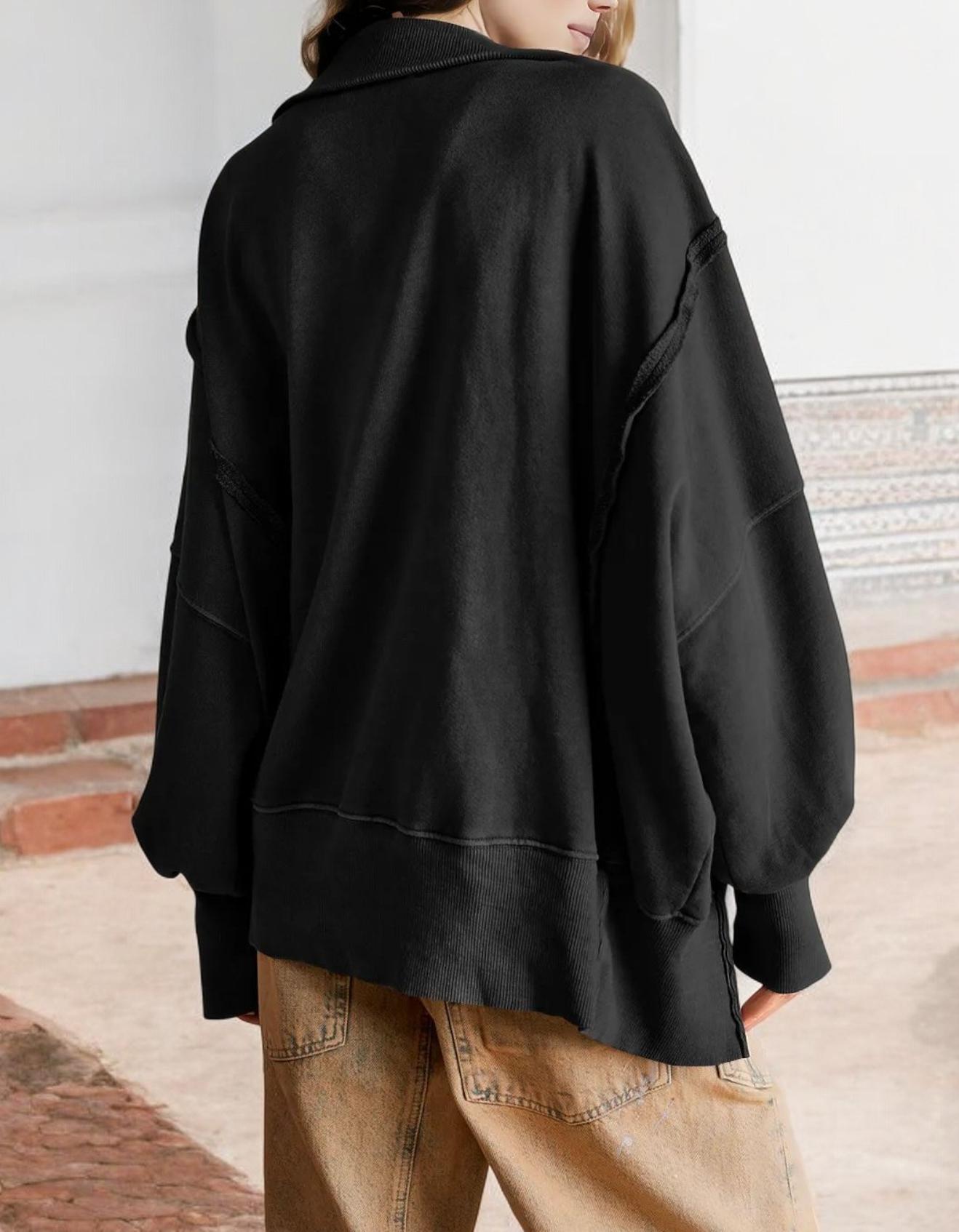 Oversized Button-Up Collar Sweatshirt with Raw Edge Hem and Drop Shoulders
