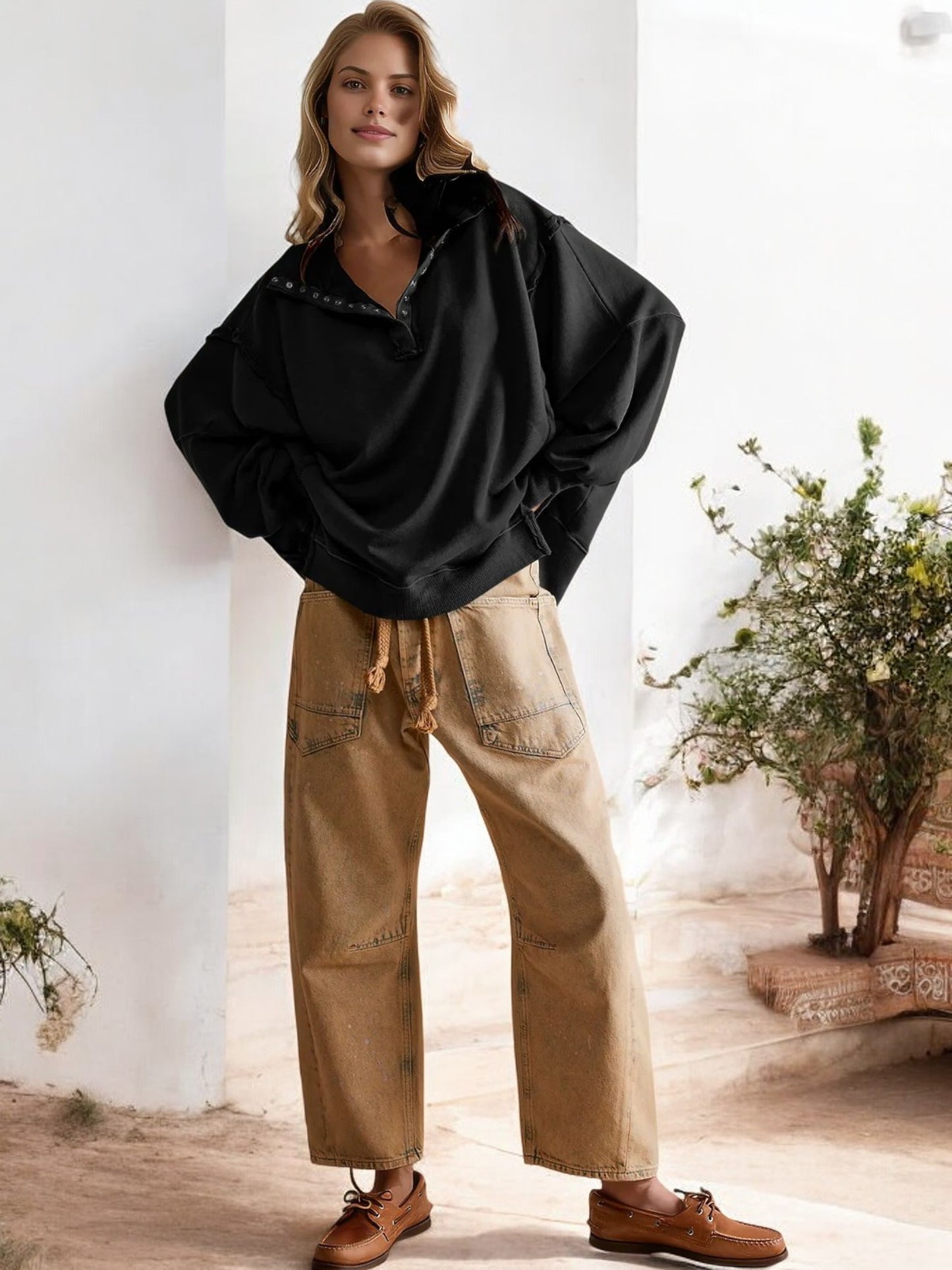 Oversized Button-Up Collar Sweatshirt with Raw Edge Hem and Drop Shoulders