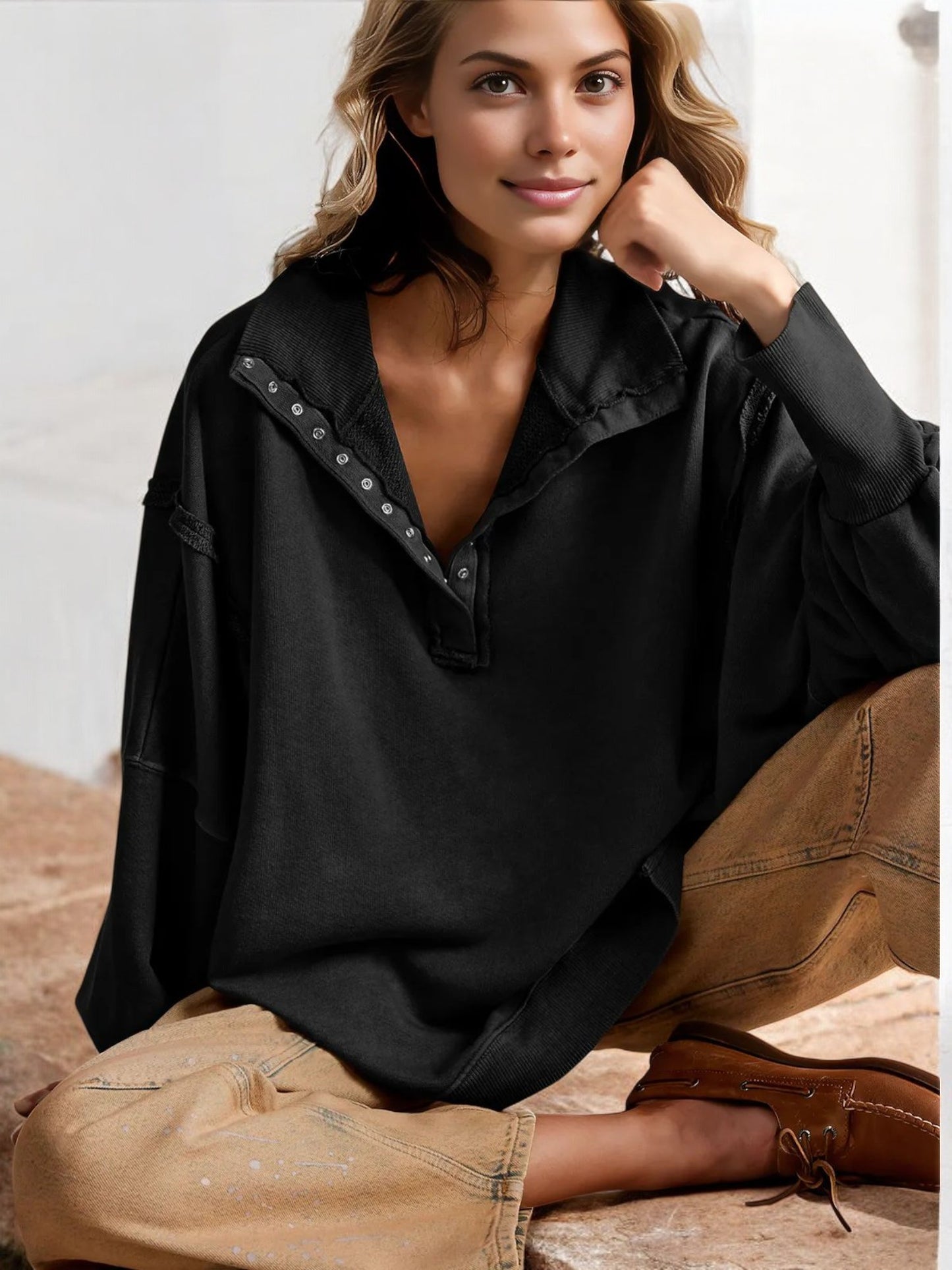 Oversized Button-Up Collar Sweatshirt with Raw Edge Hem and Drop Shoulders