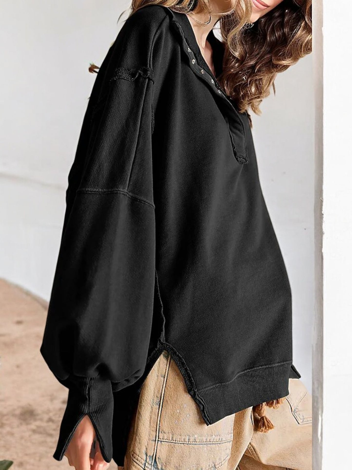 Oversized Button-Up Collar Sweatshirt with Raw Edge Hem and Drop Shoulders