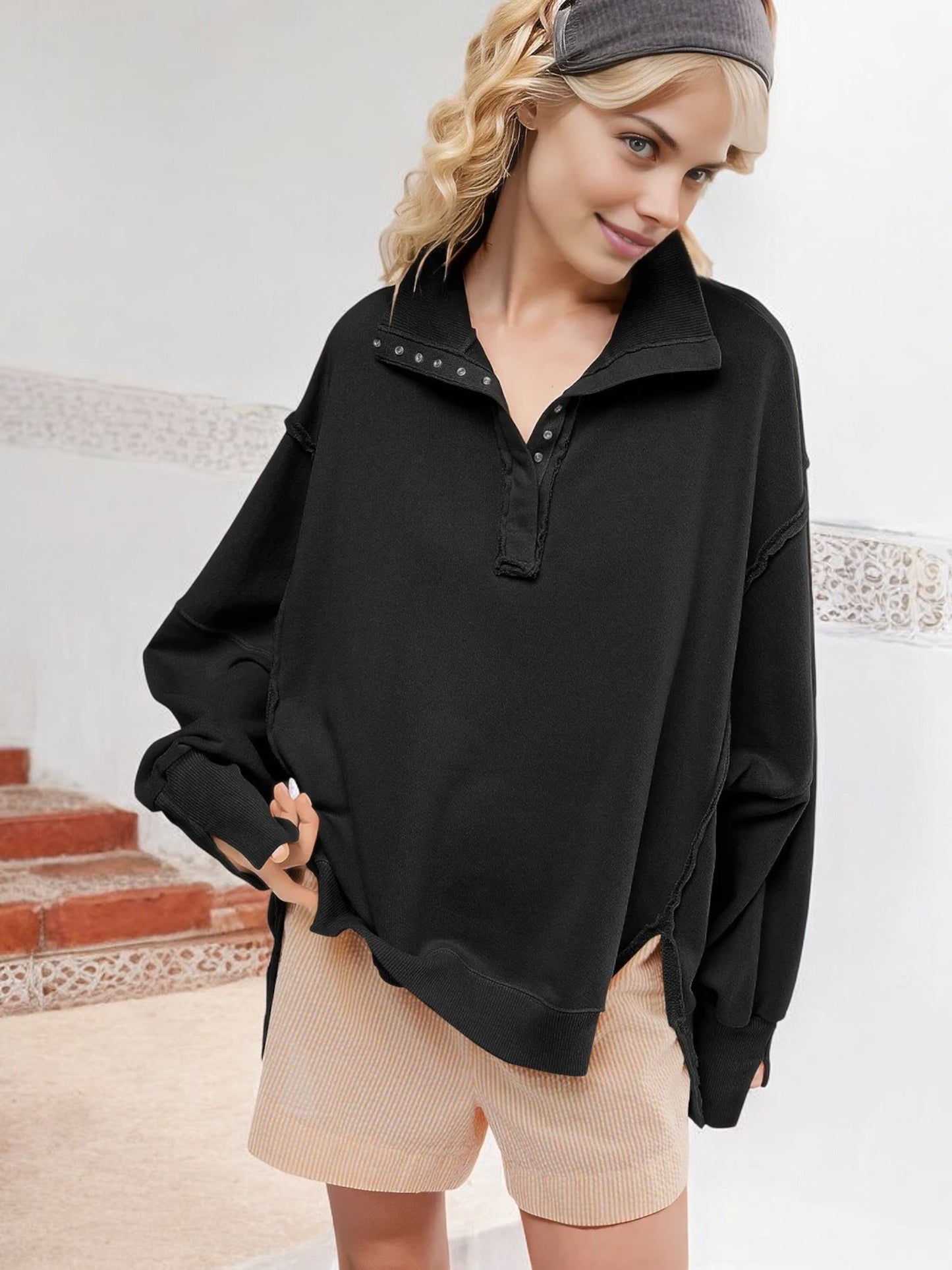 Oversized Button-Up Collar Sweatshirt with Raw Edge Hem and Drop Shoulders