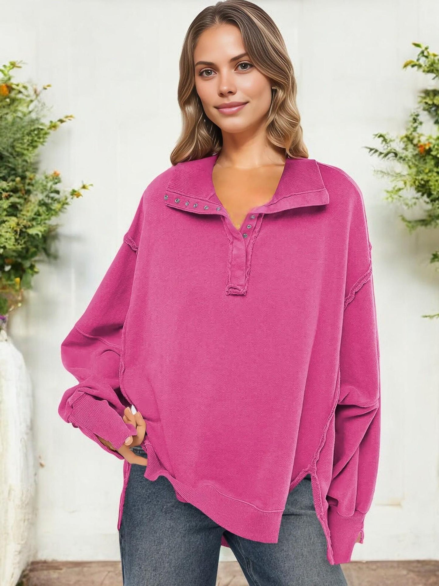 Oversized Button-Up Collar Sweatshirt with Raw Edge Hem and Drop Shoulders