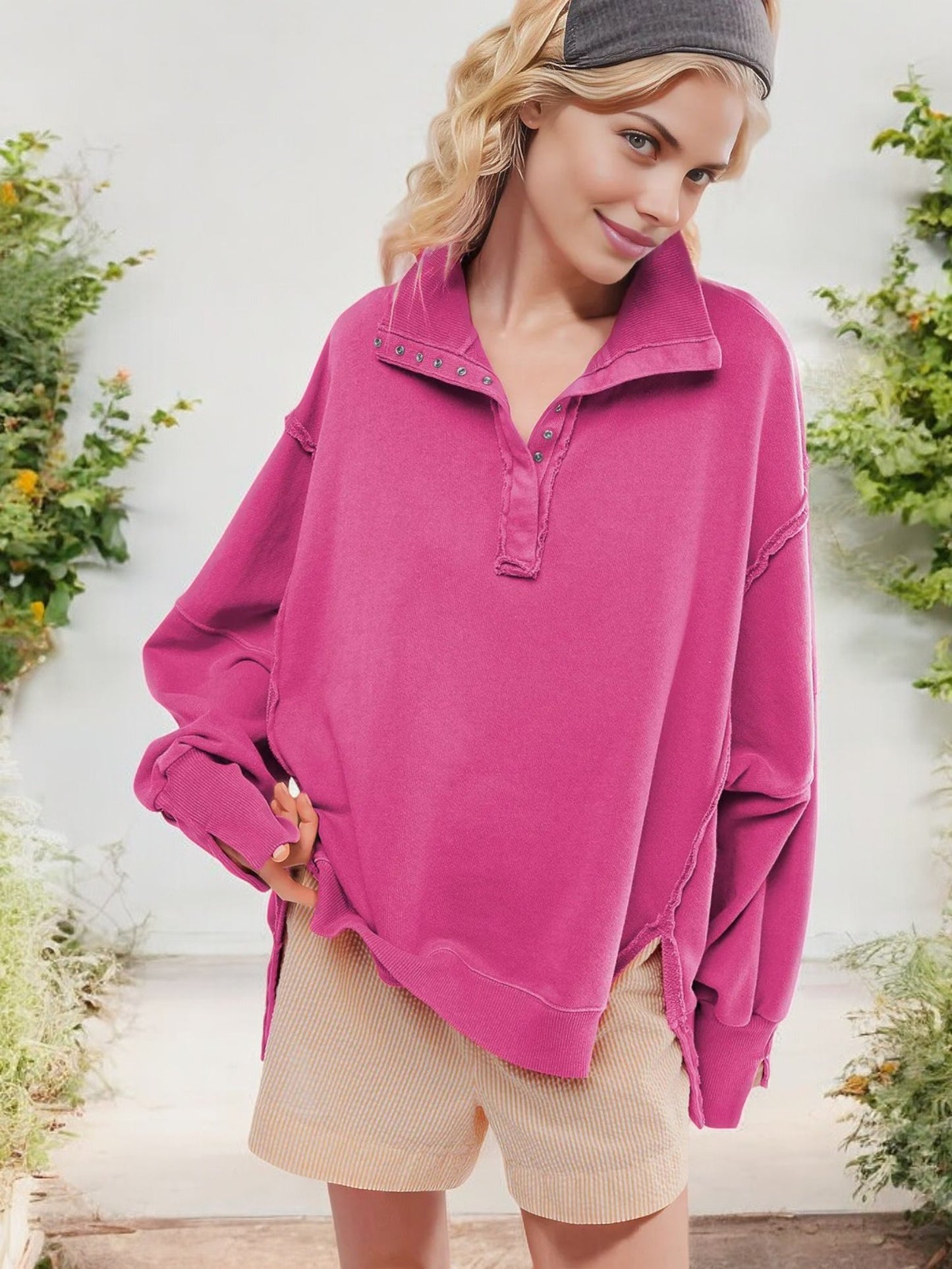 Oversized Button-Up Collar Sweatshirt with Raw Edge Hem and Drop Shoulders