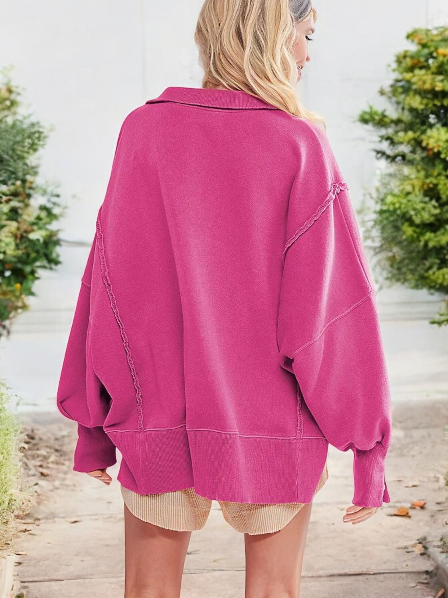 Oversized Button-Up Collar Sweatshirt with Raw Edge Hem and Drop Shoulders