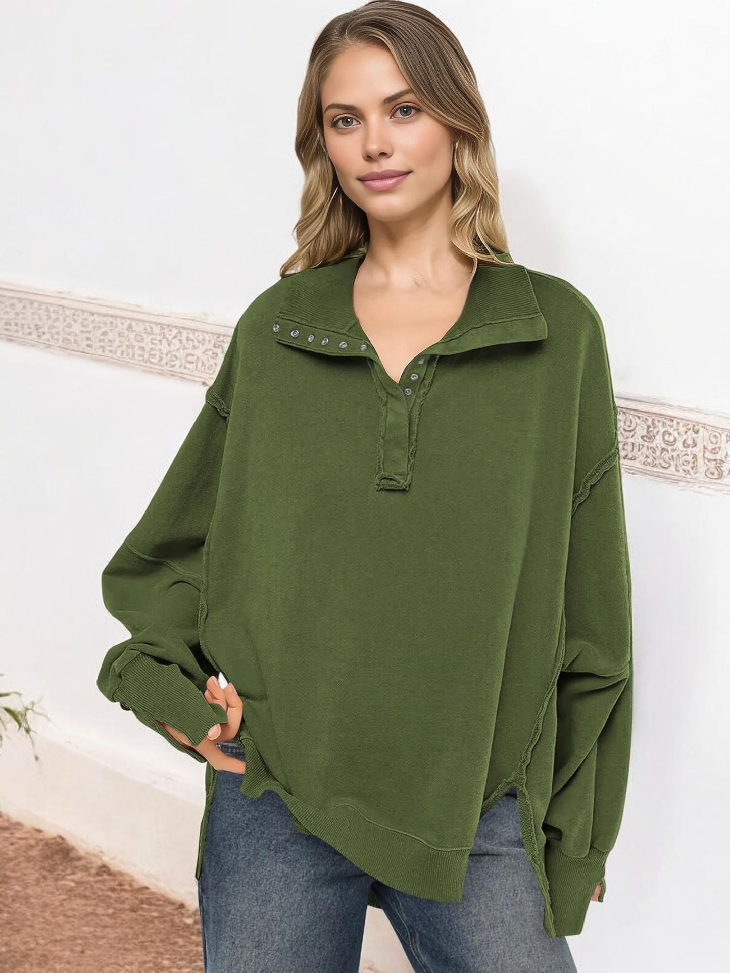 Oversized Button-Up Collar Sweatshirt with Raw Edge Hem and Drop Shoulders