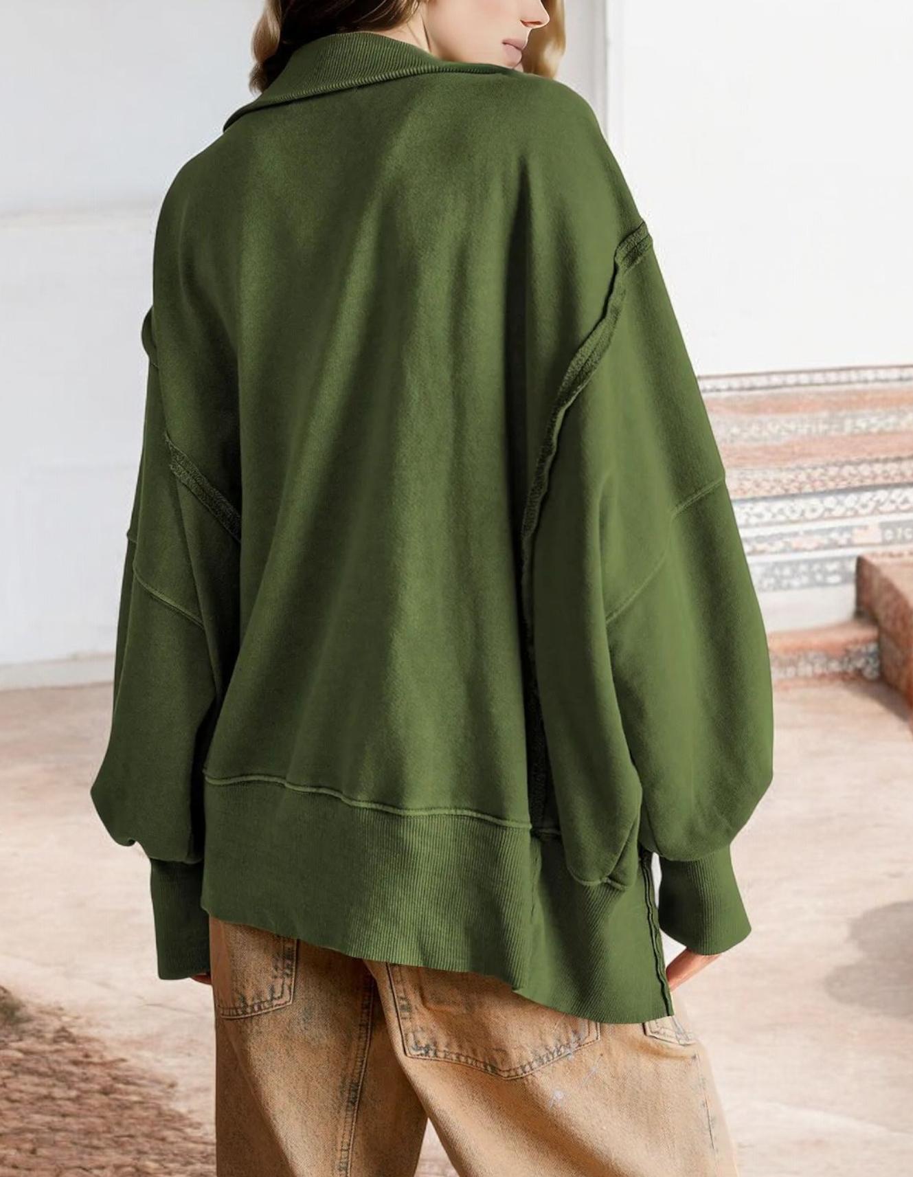 Oversized Button-Up Collar Sweatshirt with Raw Edge Hem and Drop Shoulders