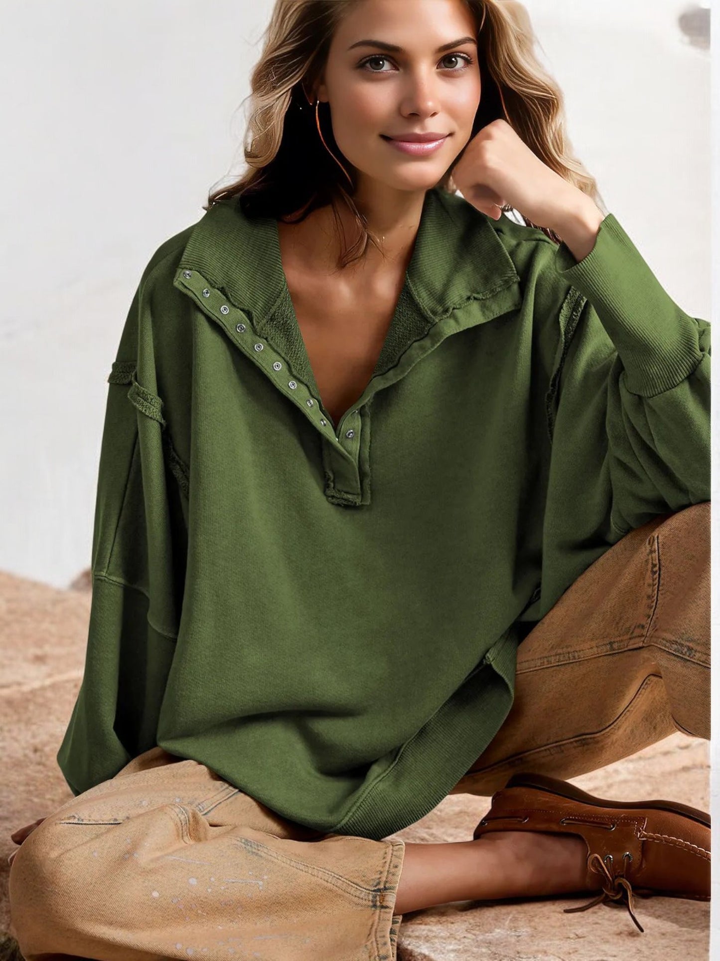 Oversized Button-Up Collar Sweatshirt with Raw Edge Hem and Drop Shoulders