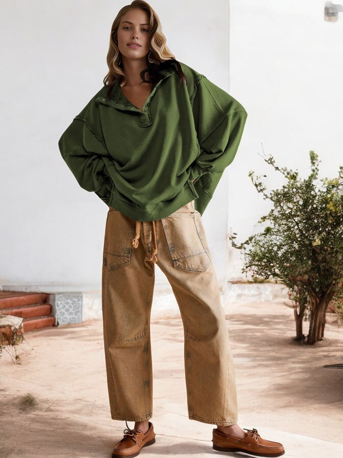 Oversized Button-Up Collar Sweatshirt with Raw Edge Hem and Drop Shoulders