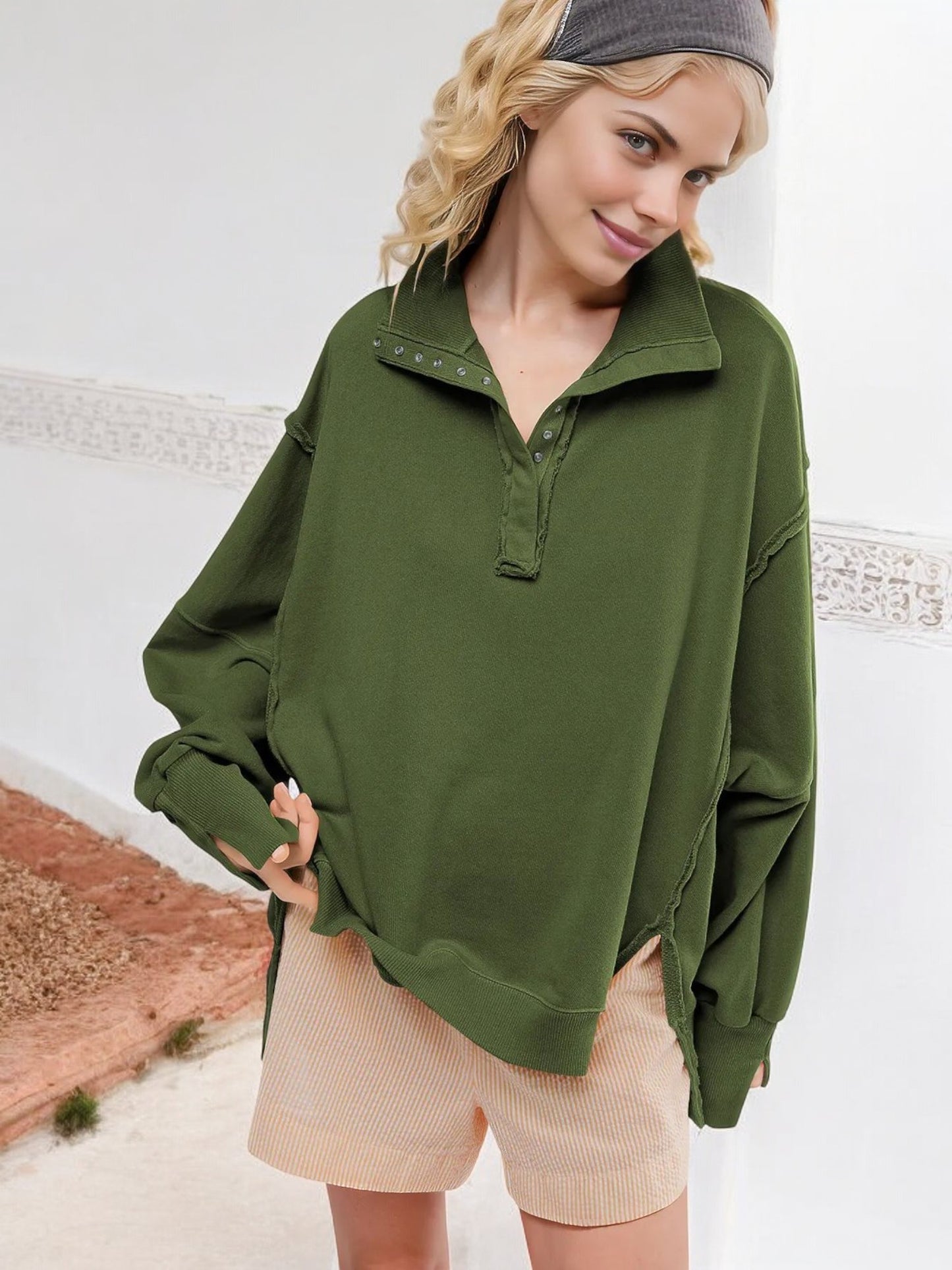 Oversized Button-Up Collar Sweatshirt with Raw Edge Hem and Drop Shoulders