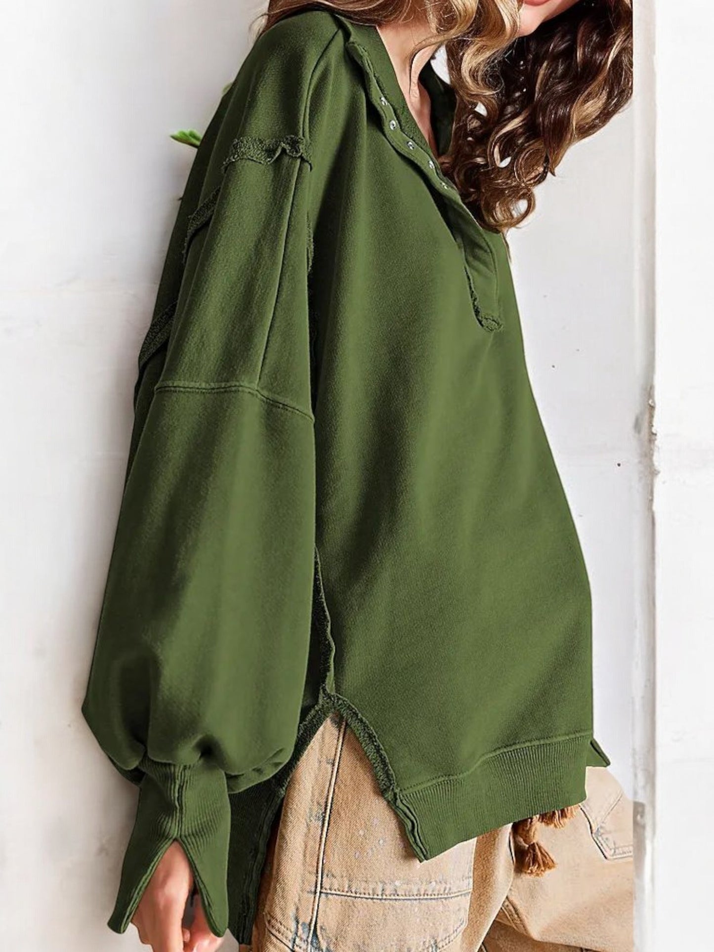 Oversized Button-Up Collar Sweatshirt with Raw Edge Hem and Drop Shoulders