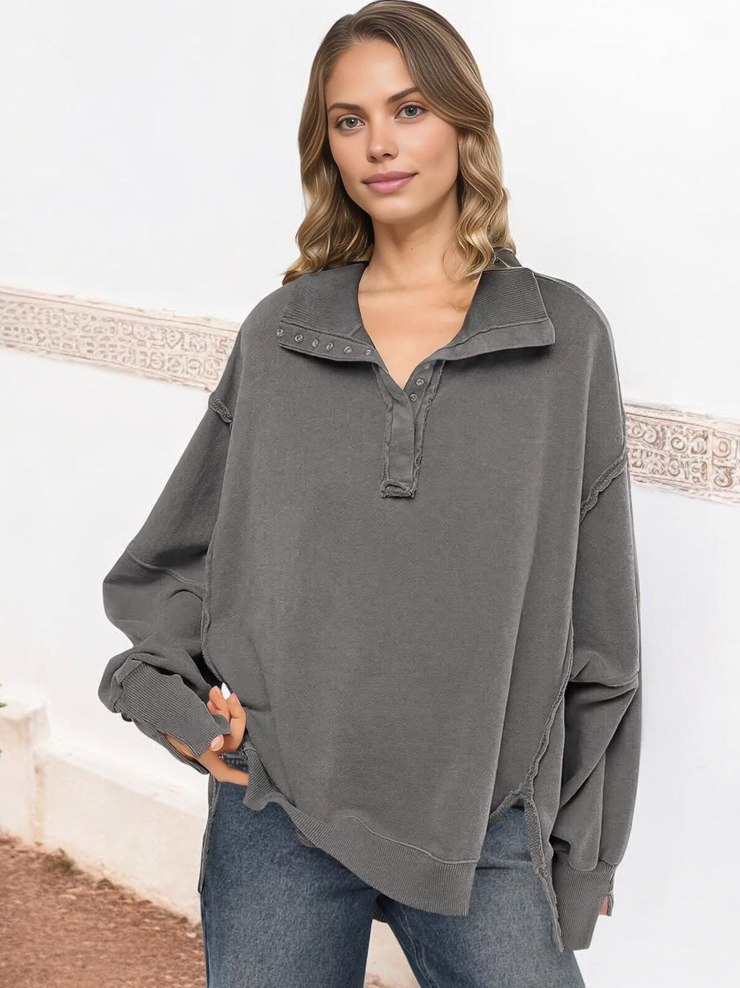 Oversized Button-Up Collar Sweatshirt with Raw Edge Hem and Drop Shoulders